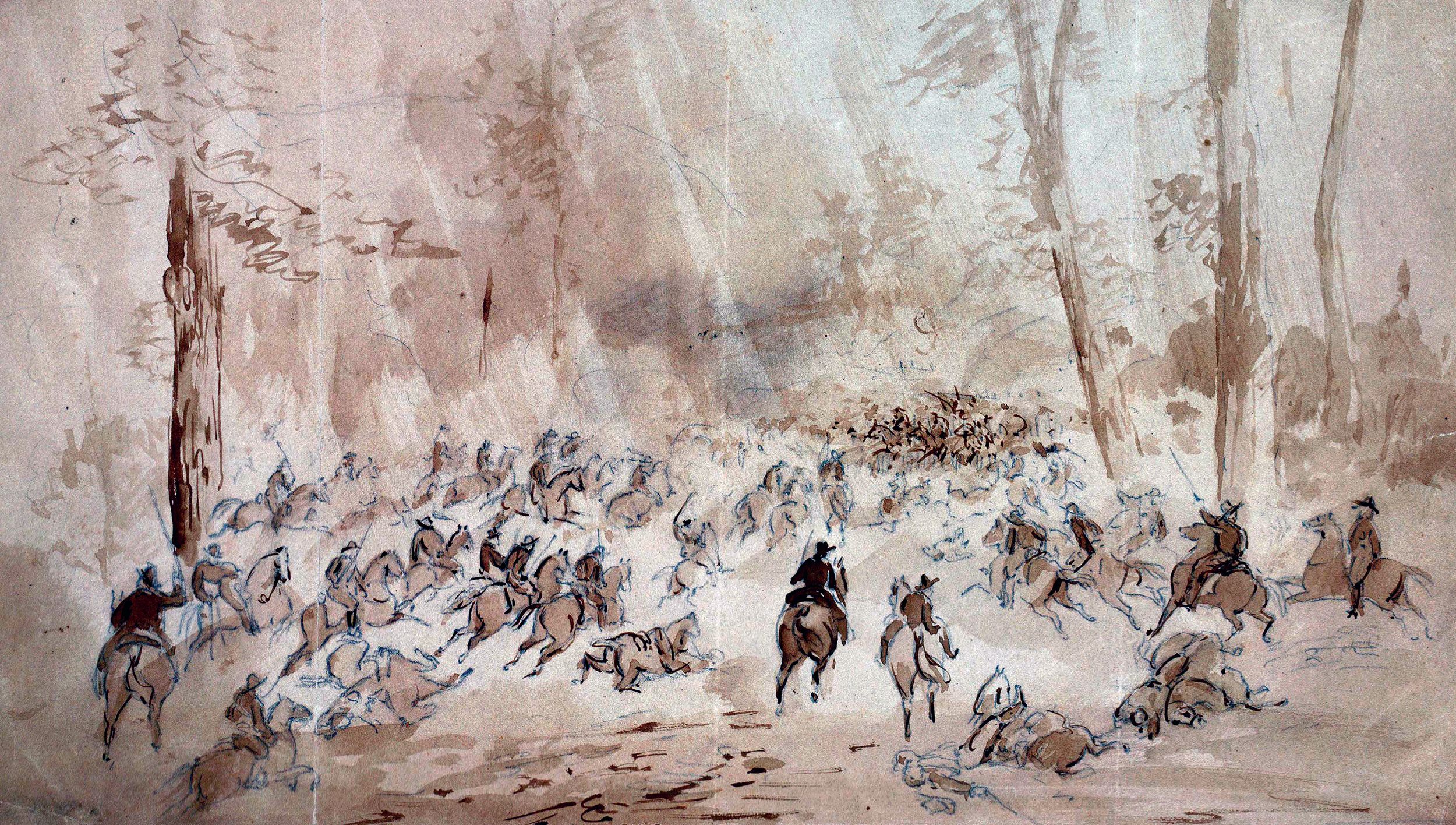 A drawing of the 92nd Illinois Mounted Infantry by John Hillen, a soldier in the unit before he was wounded and discharged.