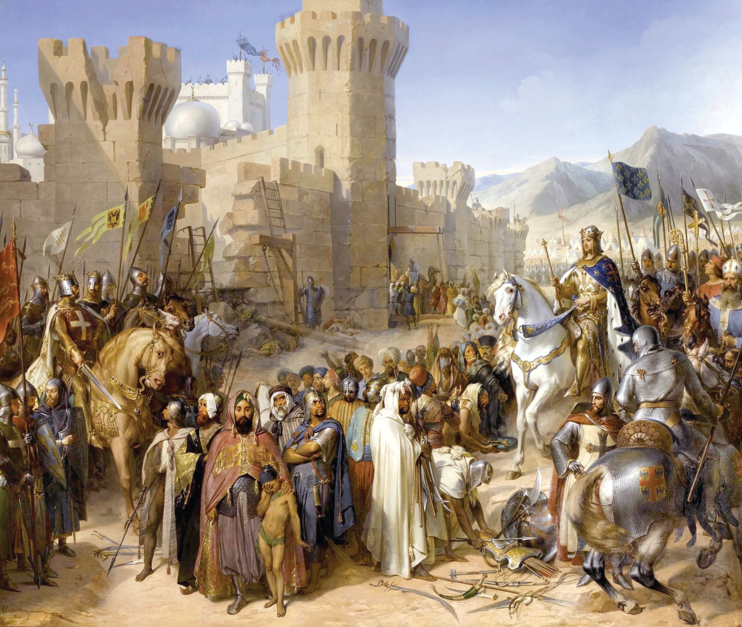 The Knights Templar were an essential force during the Third Crusade, led by France’s King Phillip Augustus and England’s King Richard the Lionheart, which saw Sultan Saladin defeated at the siege of Acre in 1191. The Siege of Saint-Jean-d'Acre, The city of Ptolemais handed over to Philippe-Auguste and Richard the Lionheart, July 13 by French artist Merry-Joseph Blondel (1781-1853) depicts the surrender.