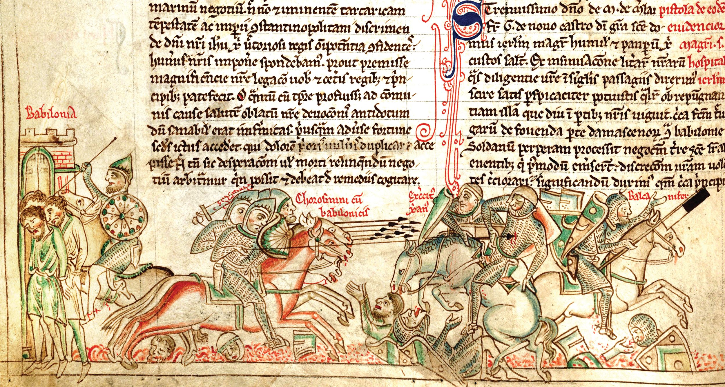 An illustration from the 13th century manuscript, Chronica Majora, by Matthew Paris, of the Battle of Forbie between the Crusaders and Khorezmians in 1244. Led by Walter IV of Brienne, this battle brought the disastrous Sixth Crusade to an end with only 33 Knights Templar surviving. 
