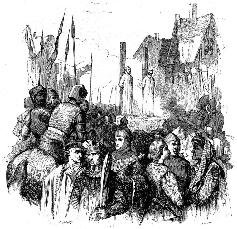 Engraving depicting Jacques de Molay, the last Grand Master of the Knights Templar, who was burned at the stake for heresy in Paris in March 1314. King Philip IV of France, with the help of Pope Clement V, manufactured the charges so Philip could confiscate the order’s wealth and not have to repay the debt he owed them.