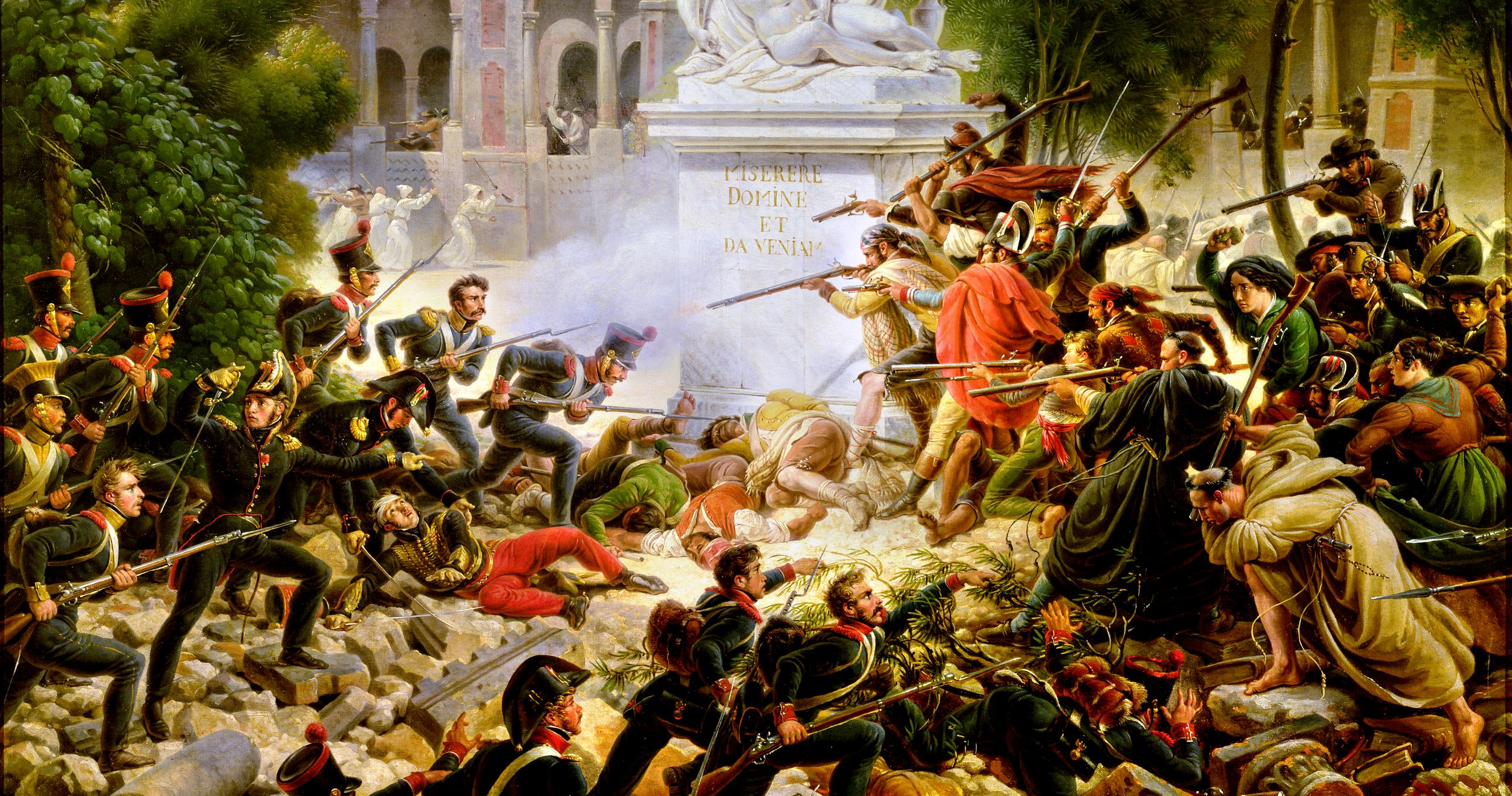 Polish troops from the Vistula Legion, part of Napoleon’s army besieging the Spanish city of Saragossa in 1809, attack the Santa Engracia convent during the building-to-building fighting. Artist Baron Louis Lejeune, who saw service during the campaign as aide-de-camp to Marshal Lannes, depicted himself wounded at the base of the monument.