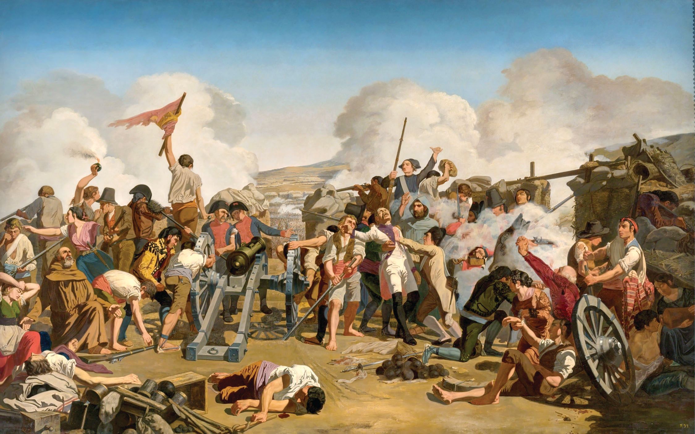 This painting by Spanish artist Juan José Martínez de Espinosa (1826-1902), Captain Romeo dies repelling the French at the Battery of la Puerta del Carmen. Episode of the First Siege of Zaragoza, shows the retired Capt. Pedro Romeo fighting to his death defending the Puerta del Carmen (Carmen Gate) in the city wall of Zaragoza in June, 1808.
