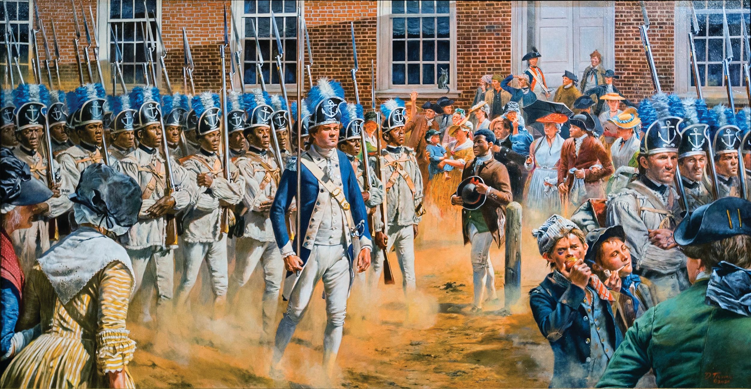 In July 1781 a company of African American soldiers of the Continental Army’s Rhode Island Regiment under Lt.-Col. Jeremiah Olney marches through Philadelphia on their way to Yorktown.