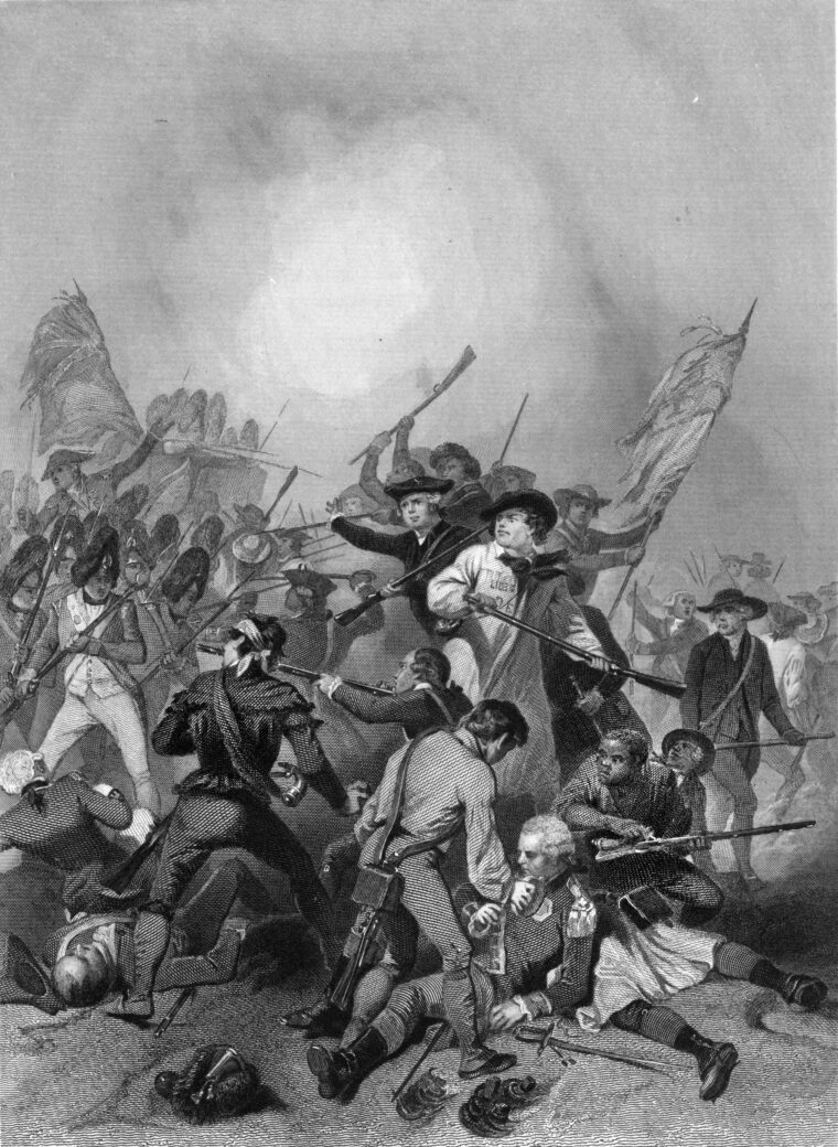 An African American soldier on the ground (lower right) can be seen loading a musket in this 19th century engraving of the Battle of Bunker Hill. The scene may be based on the account of Aron Smith, a white soldier at the battle who said that a “man at his side, a negro so crippled by a shot in the leg that he could not rise up,” continued to reload Smith’s musket, as well as his own, for Smith to keep up the fire.