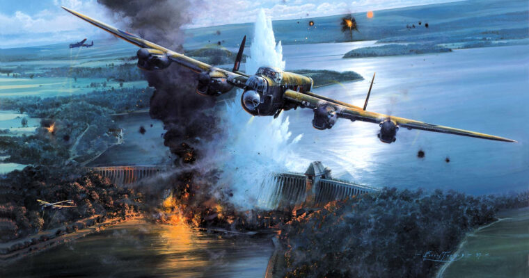 In this painting by artist Robert Taylor, a modified RAF Lancaster bomber roars through the night sky after releasing its payload during an attack on the Möhne River Dam in Germany’s Ruhr Valley.