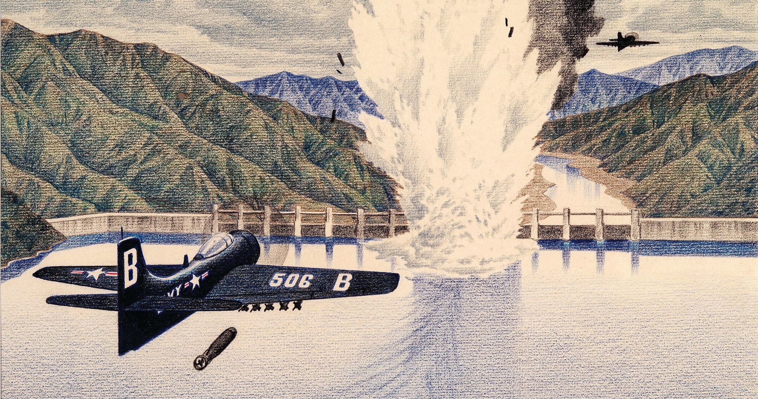 This colored pencil drawing, Hitting Home, by Herbert C. Hahn, c. 1951, depicts the May 1, 1951, mission in which eight Navy AD-4 Skyraiders from the USS Princeton scored six hits with Mk. 13 aerial torpedoes on the Chinese-held Hwachon Dam in South Korea.