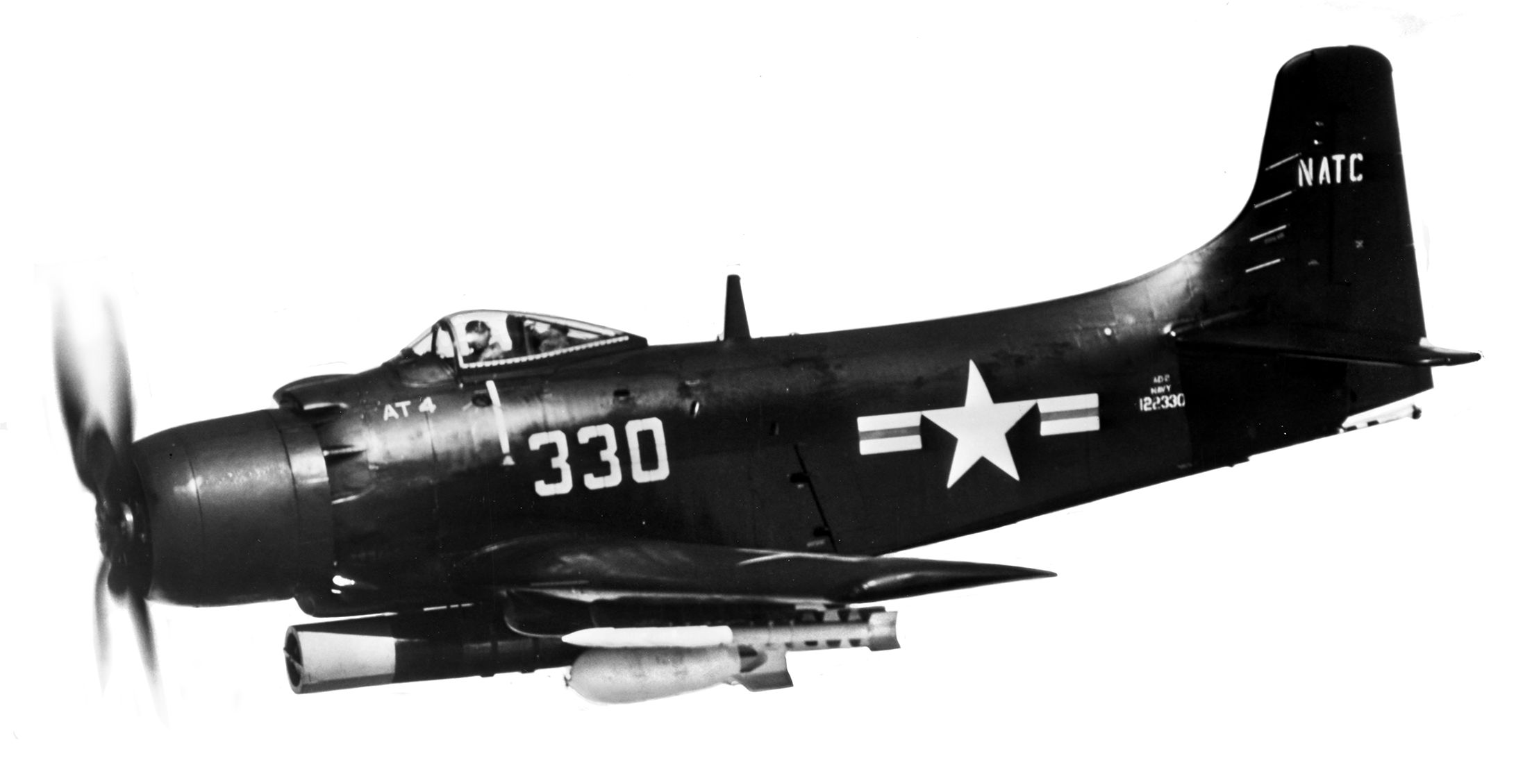 This photo shows a Douglas AD-2 Skyraider carrying one Mark XIII torpedo, with two bombs and rockets on a September 1950 flight at the Naval Air Test Center Patuxent River, Maryland. On May 1, 1951, eight AD-4 Skyraiders would take off from the carrier Princeton for “dambuster” runs between two 4,000-foot mountains to release an Mk 13 aerial torpedo only 50 feet above the reservoir behind South Korea’s Hwachon Dam in an effort to destroy its spillways.  
