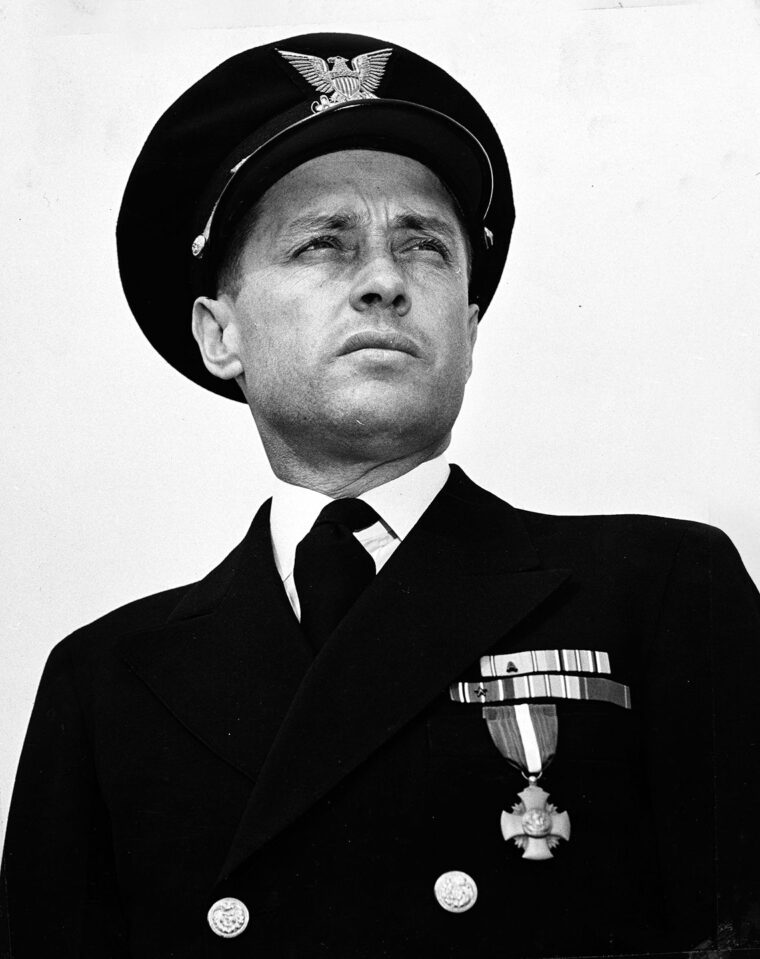 U.S. Coast Guard Commander Quentin R. Walsh wearing his Navy Cross Medal. 