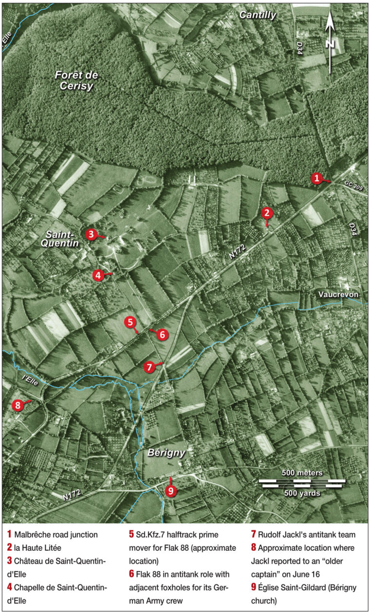 This aerial image, captured by a P-38 pilot from the U.S. 30th Photographic Reconnaissance Squadron on the morning of June 2, 1944, shows the area near Saint-Lô where Rudolf Jackl and the Kampfgruppe (battle group) from the 3rd Fallschirmjäger-Division were assigned in an attempt to stop the Allies from advancing inland from the beaches of Normandy. 