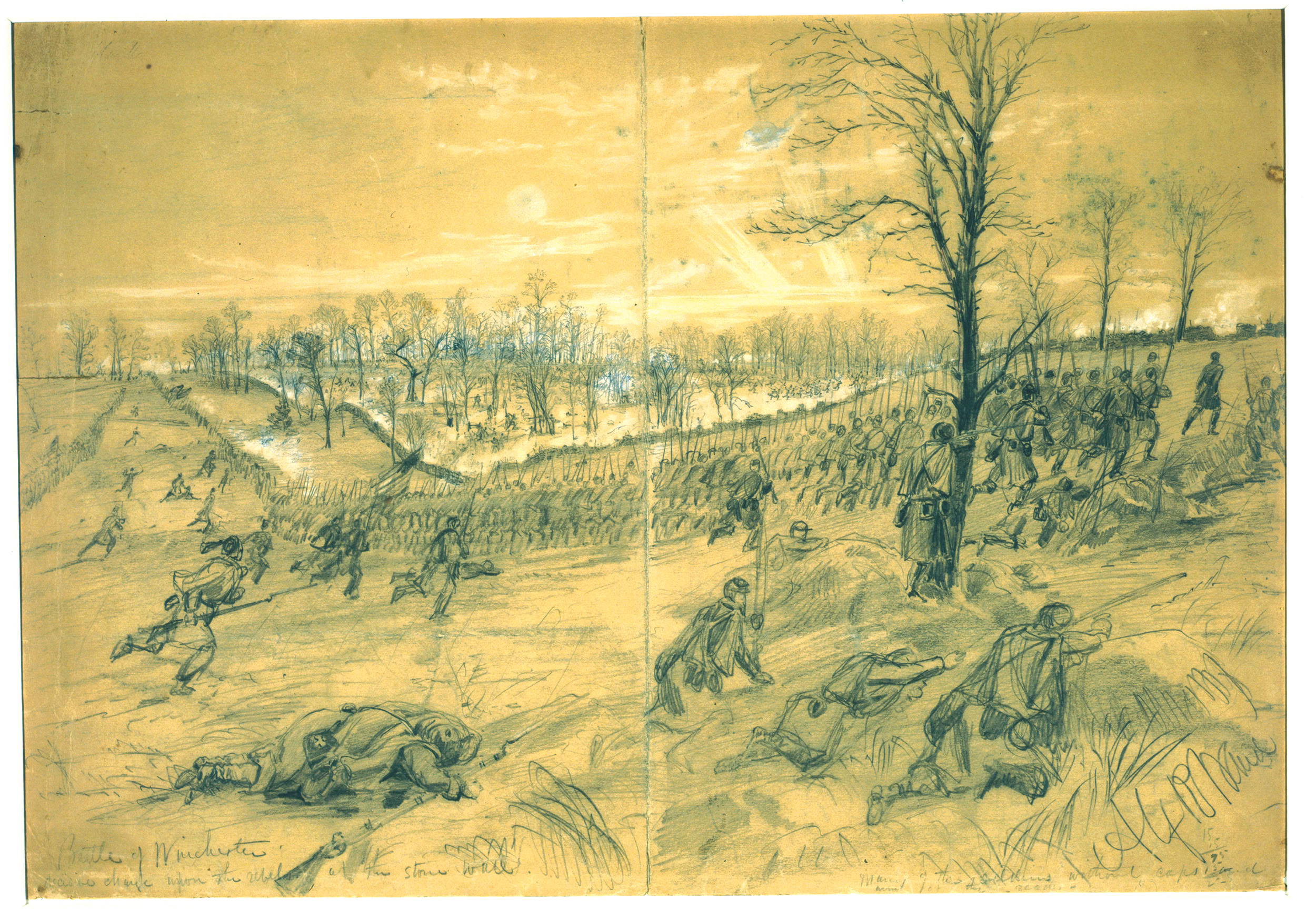 A Federal column breaching a Confederate line in Kernstown near Winchester, Virginia, in the early spring of 1862. “Special Artist” Alfred Waud’s sketches from the front lines captured the intimate details of the struggle—the smoke, the debris, and the physical strain of the assault—long before the scene could be stylized and sanitized by engravers in New York.