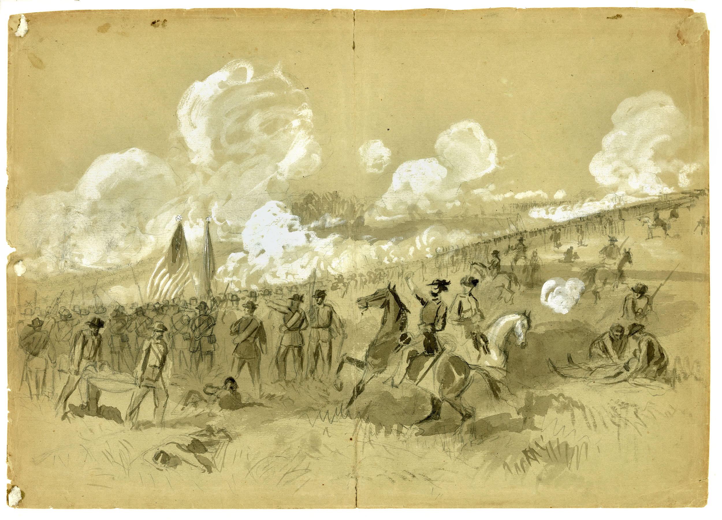 Engraving of a sketch by Alfred Waud published in the New York Illustrated News, August 5, 1861, with the caption: Colonel Burnside's brigade, First and Second Rhode Island, and Seventy-first New York regiments, with their artillery, attacking the rebel batteries at Bull Run.