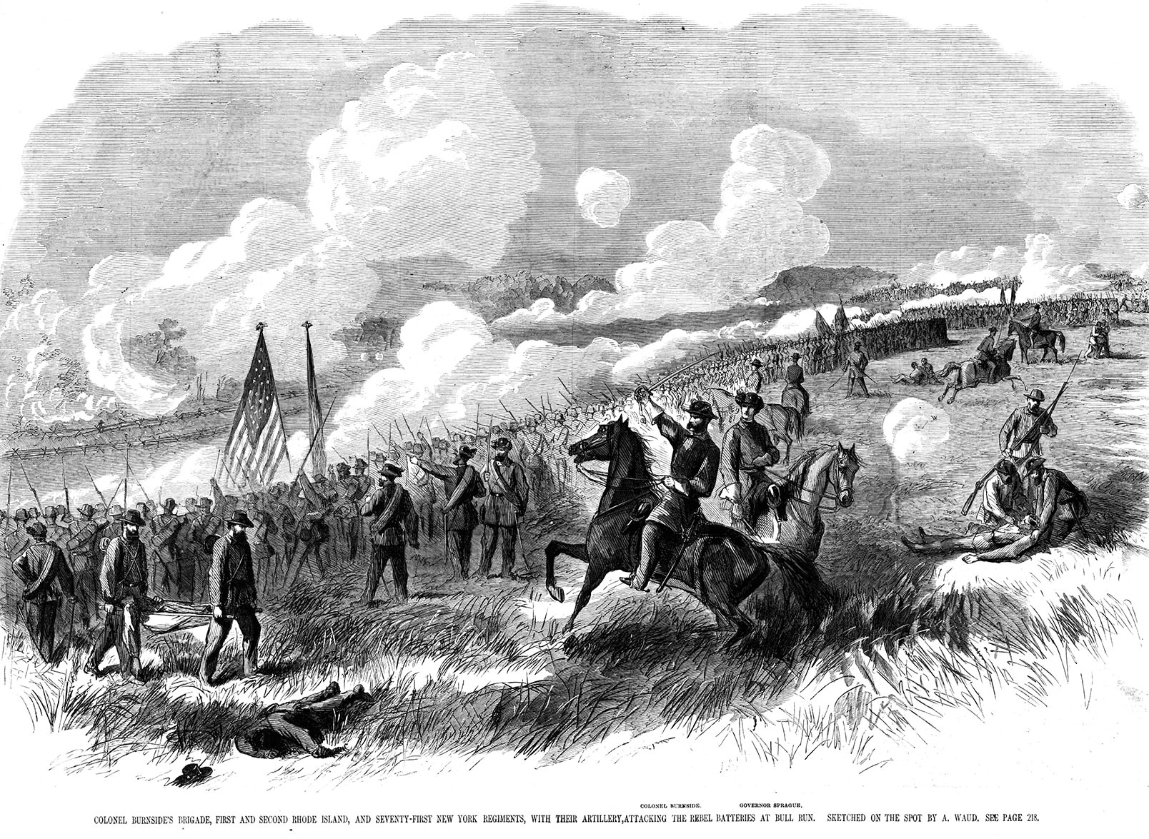 Alfred Waud’s July 21 sketch of the scene on green paper with pencil, Chinese white, and black ink wash was handed over to a fast horse courier, rushed to the nearest railhead or steamboat, and sped to New York or Boston for engravers to finish.