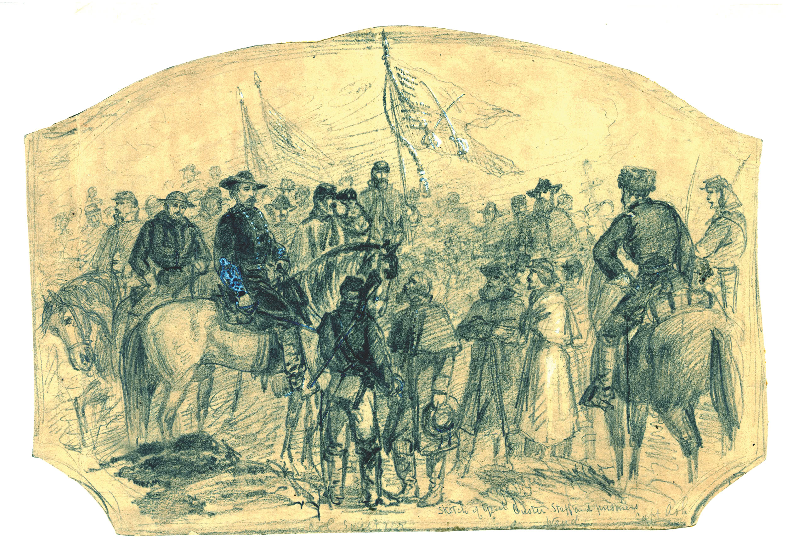 After the Battle of Sayler’s Creek (April 6, 1865)—where Custer’s Third Cavalry Division played a decisive role—Waud depicts Brevet Maj. Gen. George Armstrong Custer, recognizable by his personalized uniform and signature red necktie, in sharp contrast to the weary, defeated men in the background. To the right of center, Waud has included a portrait of himself on horseback.