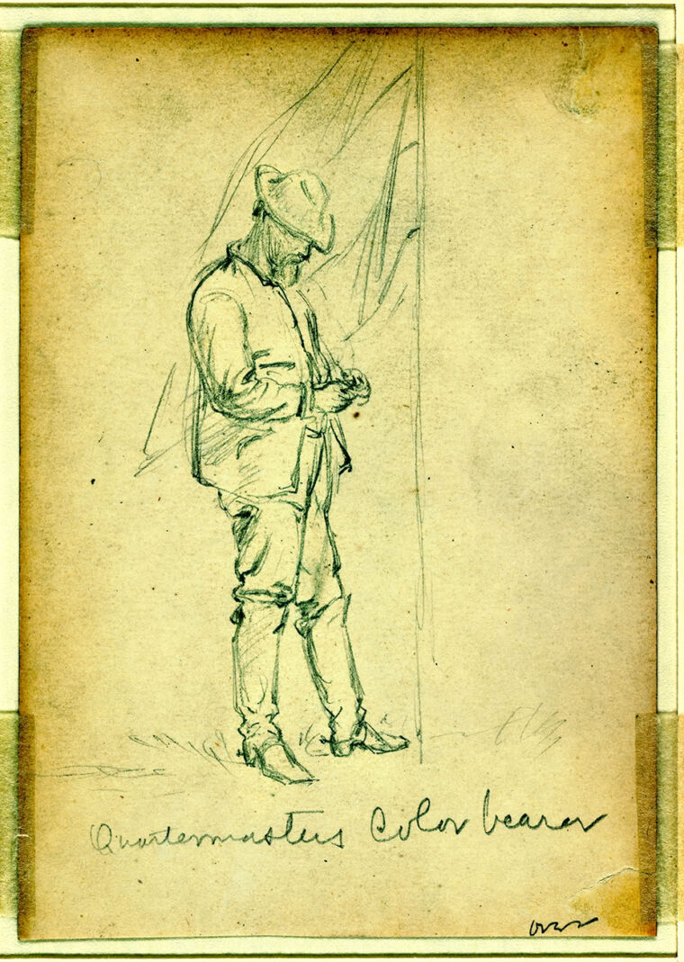 In the field with the Army of the Potomac for five years, Waud also captured quiet moments, such as this vignette, “Quartermasters color bearer.”