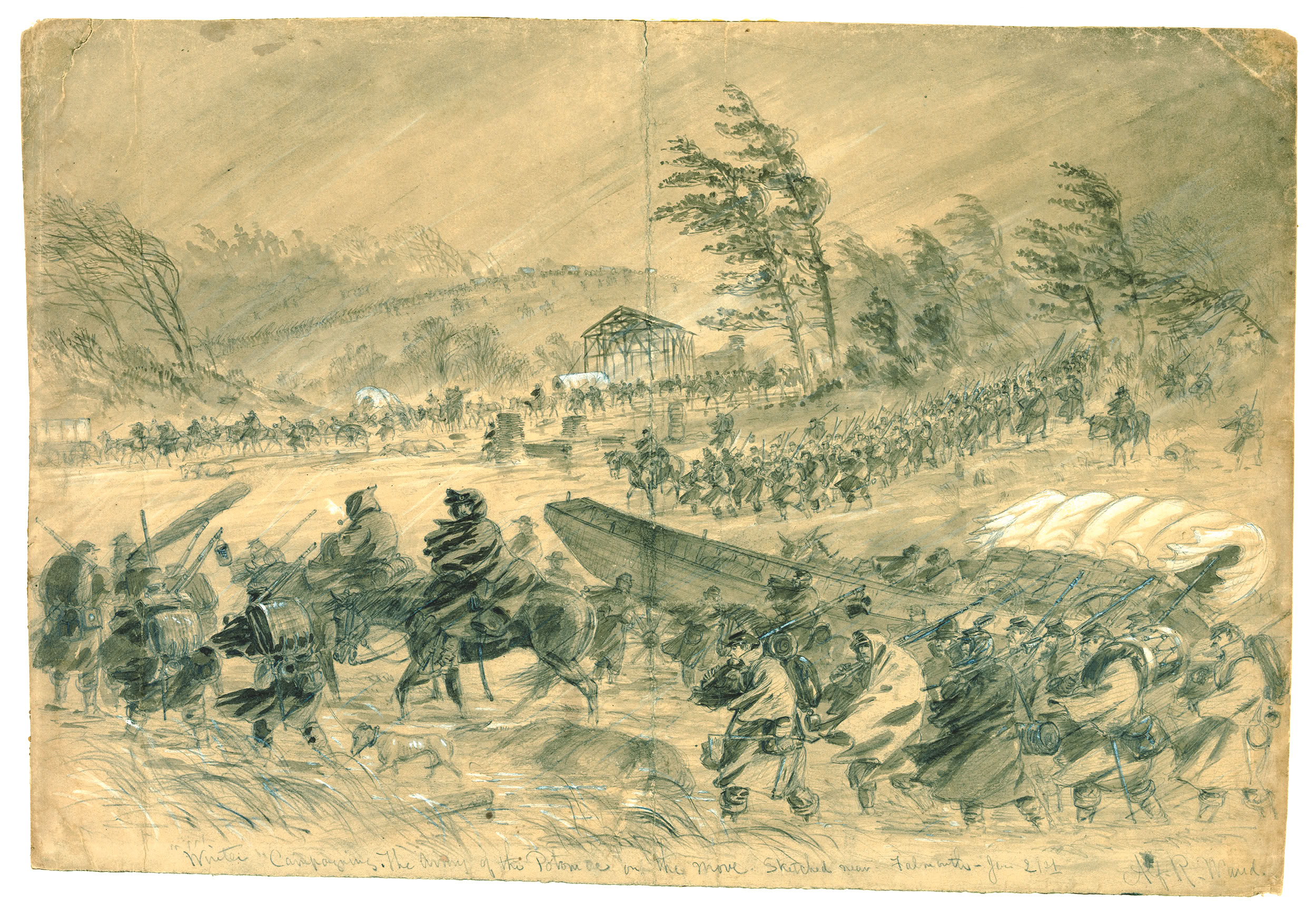 Alfred Waud’s sketch of Major General Ambrose Burnside’s infamous “Mud March” of January 1863 captures the bent forms, the struggling animals, and the heavy wagons with a level of detail photography of the era could not match. Trying to reverse the disaster at Fredericksburg—14 failed charges across open ground that produced more than 12,000 casualties—Burnside ordered the Army of the Potomac to march toward the Rappahannock River to outflank Robert E. Lee, but they were defeated by torrential rain, sleet, and Virginia’s notorious red clay.