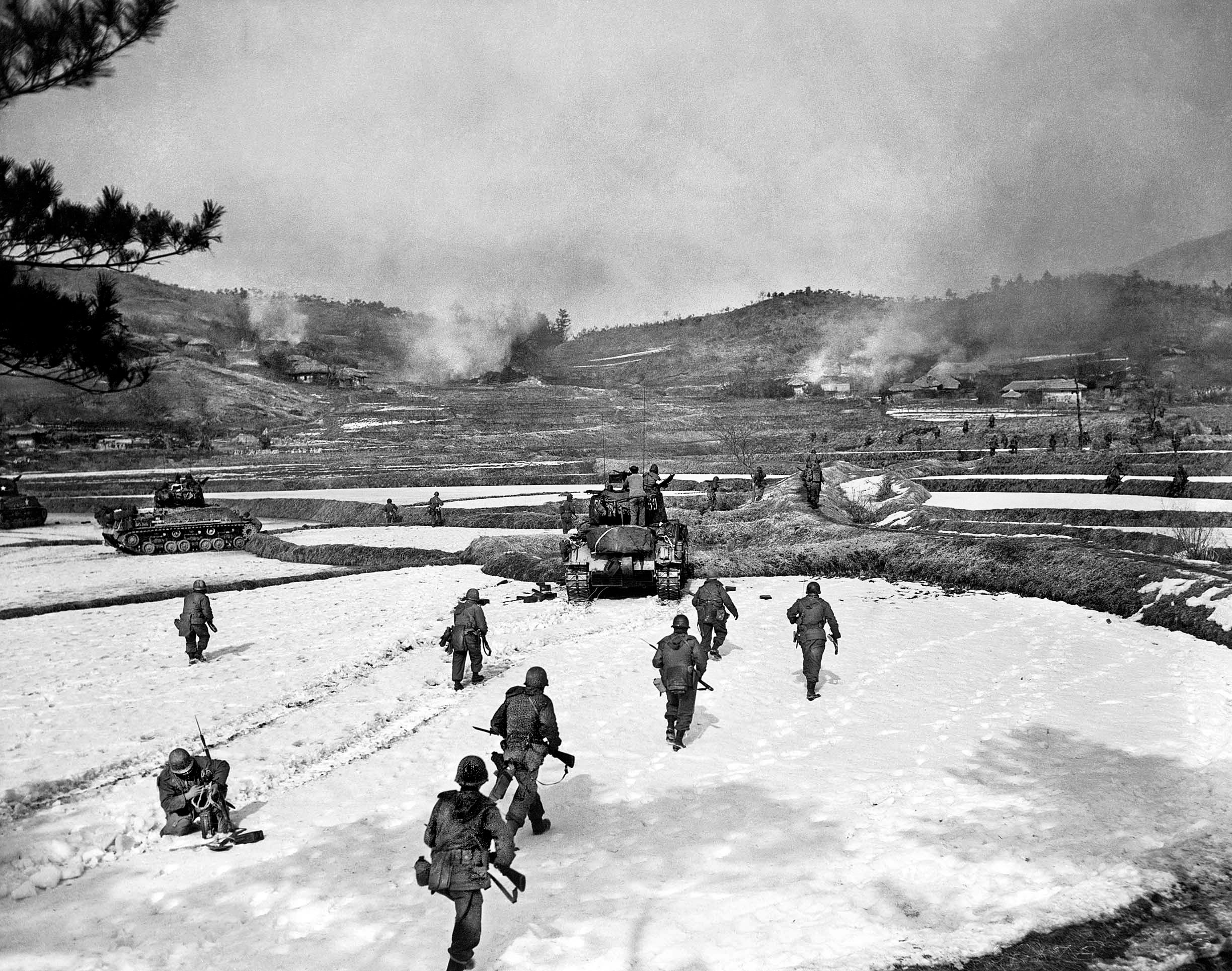The 1st Cavalry Division assaulting a hill on February 4, before their historic stand at Chipyong-ni (February 13–14, 1951) where, supported by elements of the 1st Cav, the U.S. 23rd Infantry Regiment successfully repelled a massive Chinese onslaught, inflicting the first major defeat on Chinese forces since their intervention—shattering the myth of Chinese invincibility.