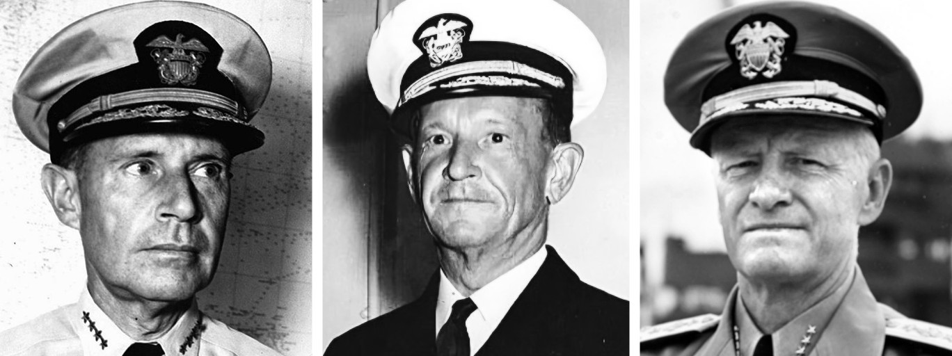 From left: Rear Admiral Raymond A. Spruance, who commanded Task Force 16 centered around the carriers Enterprise and Hornet; Rear Admiral Frank Jack Fletcher, commander of Task Force 17 (Yorktown) and the overall tactical commander at sea during the opening phases of the battle; and Admiral Chester W. Nimitz, Commander-in-Chief of the Pacific Fleet. Nimitz positioned his carriers to ambush the approaching Japanese fleet, famously ordering his operational commanders to adhere to the principle of “calculated risk”—instructing them to chip away at the enemy without injudiciously exposing their outnumbered carriers to superior forces.