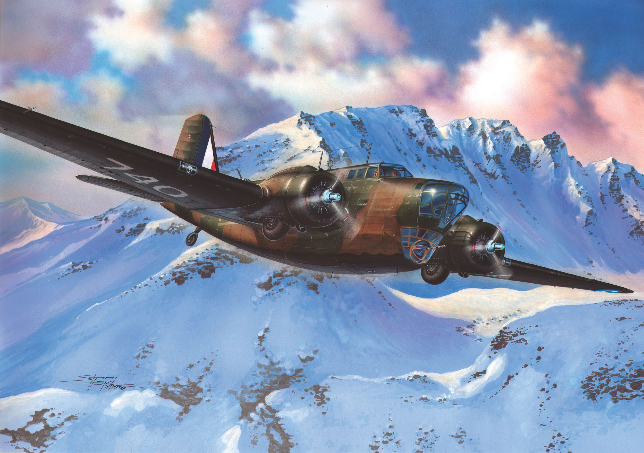 A Douglas B-18 Bolo—rechristened the Digby Mk.I in Canadian service—soars through the skies of World War II in this painting by Standa Hájek. Overshadowed by more famous heavy bombers, these rugged aircraft served as the backbone of the Royal Canadian Air Force’s maritime reconnaissance and anti-submarine patrols.