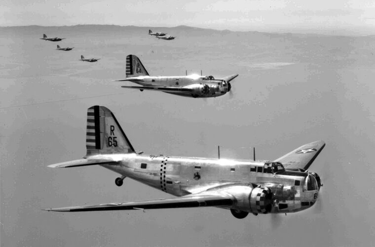 A formation of Douglas B-18 Bolos from the 88th Reconnaissance Squadron cruises through peaceful skies in this pre-war photo. On December 7, 1941, crews from this squadron were ferrying a flight of unarmed B-17 Flying Fortresses from California to Hawaii, unwittingly arriving over Oahu in the midst of the Japanese surprise attack.