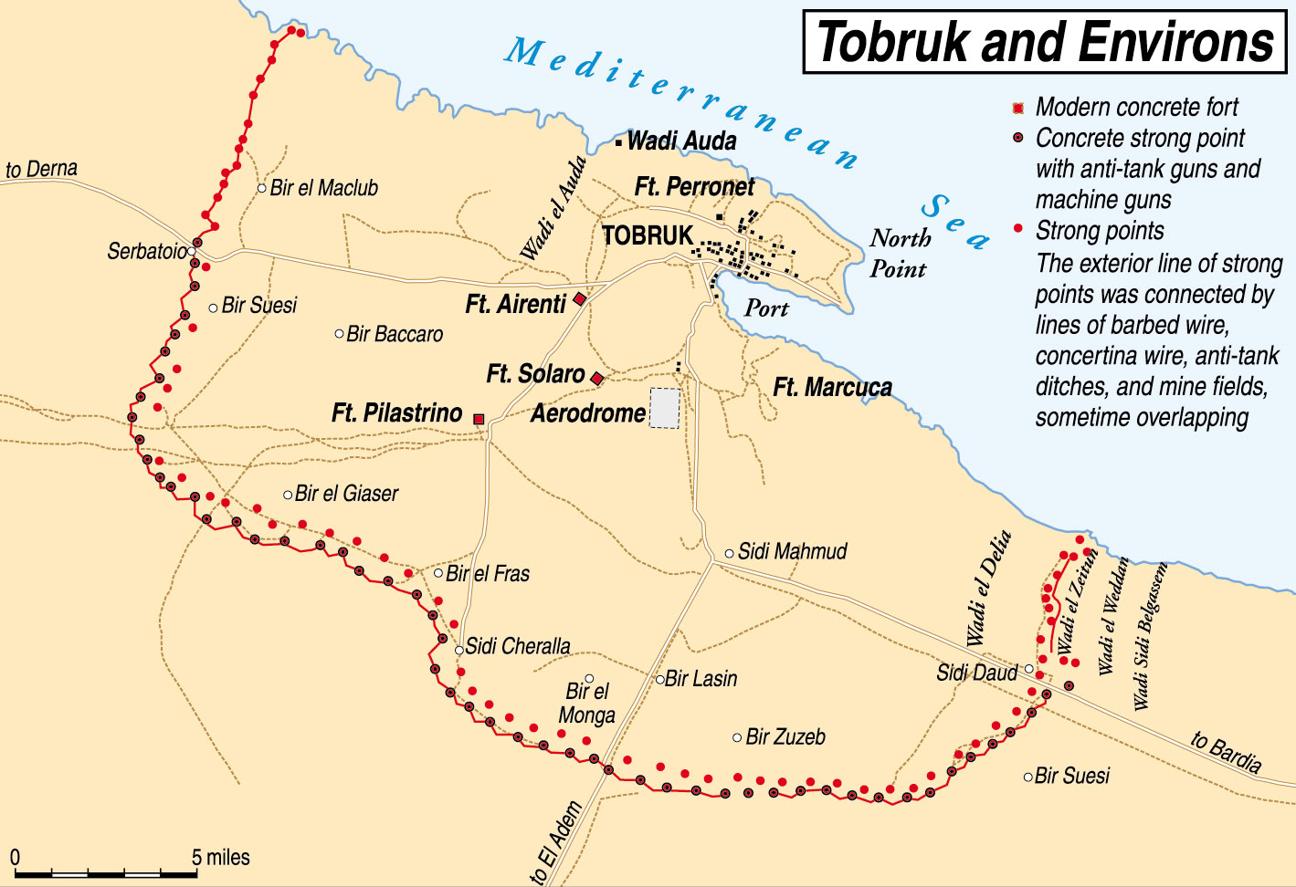 A map of Australian Major General Leslie Morshead’s masterful defensive strategy for the Tobruk perimeter. Morshead carved the 32-mile boundary into three distinct sectors, each manned by one of the three infantry brigades of his 9th Division. This formidable defensive zone reached a depth of 11 miles, creating a layered “fortress” that would famously defy Field Marshal Rommel for months.