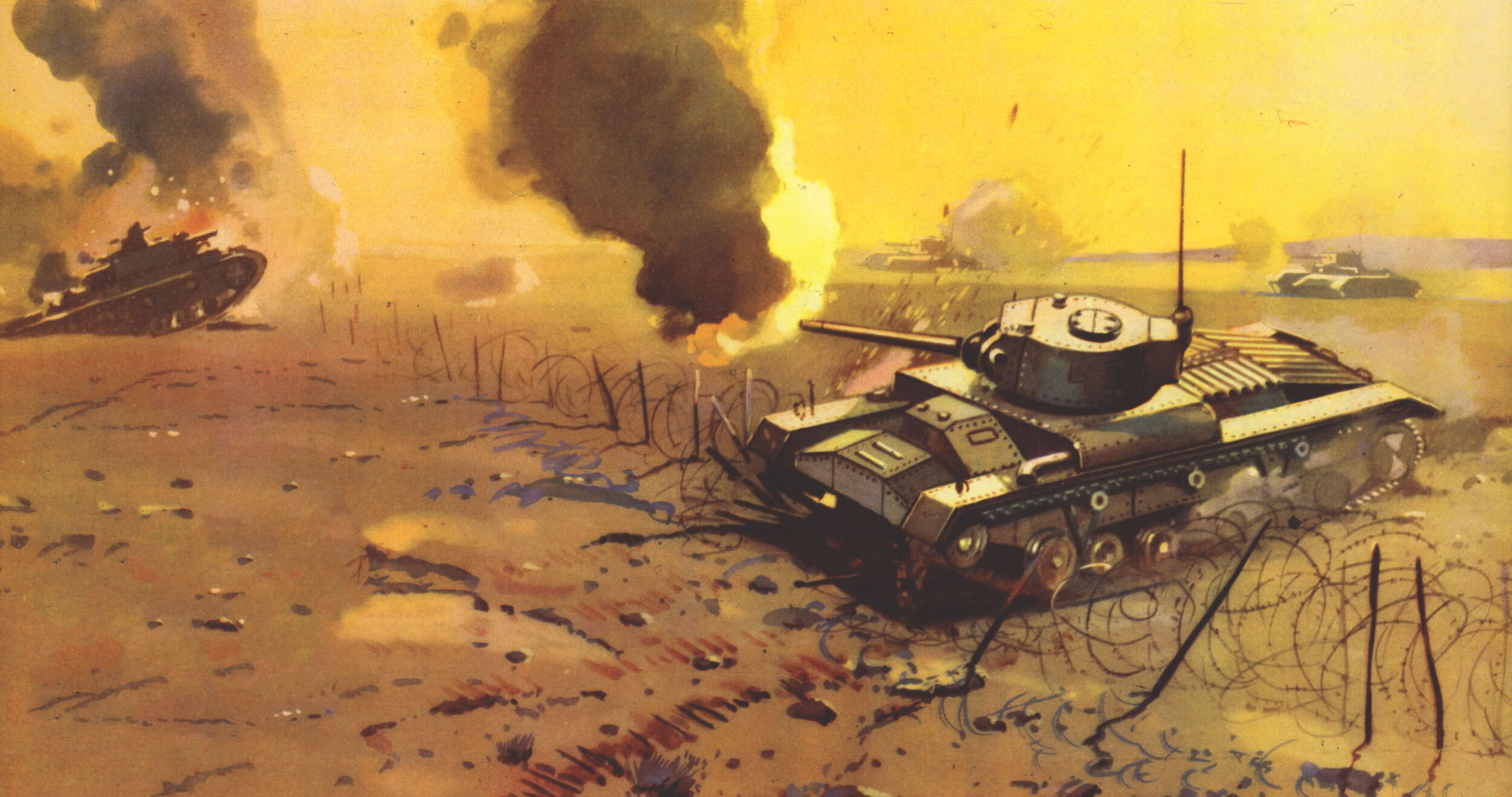 This illustration shows Britain’s “desert workhorse,” the Valentine Mk. III navigating the heat of North African combat in WWII. Though celebrated for its mechanical grit and reliability in the sand, the tank’s 2-pounder gun eventually proved inadequate. Large numbers of “Valentines” were later shipped to the Soviet Union to bolster the Eastern Front.