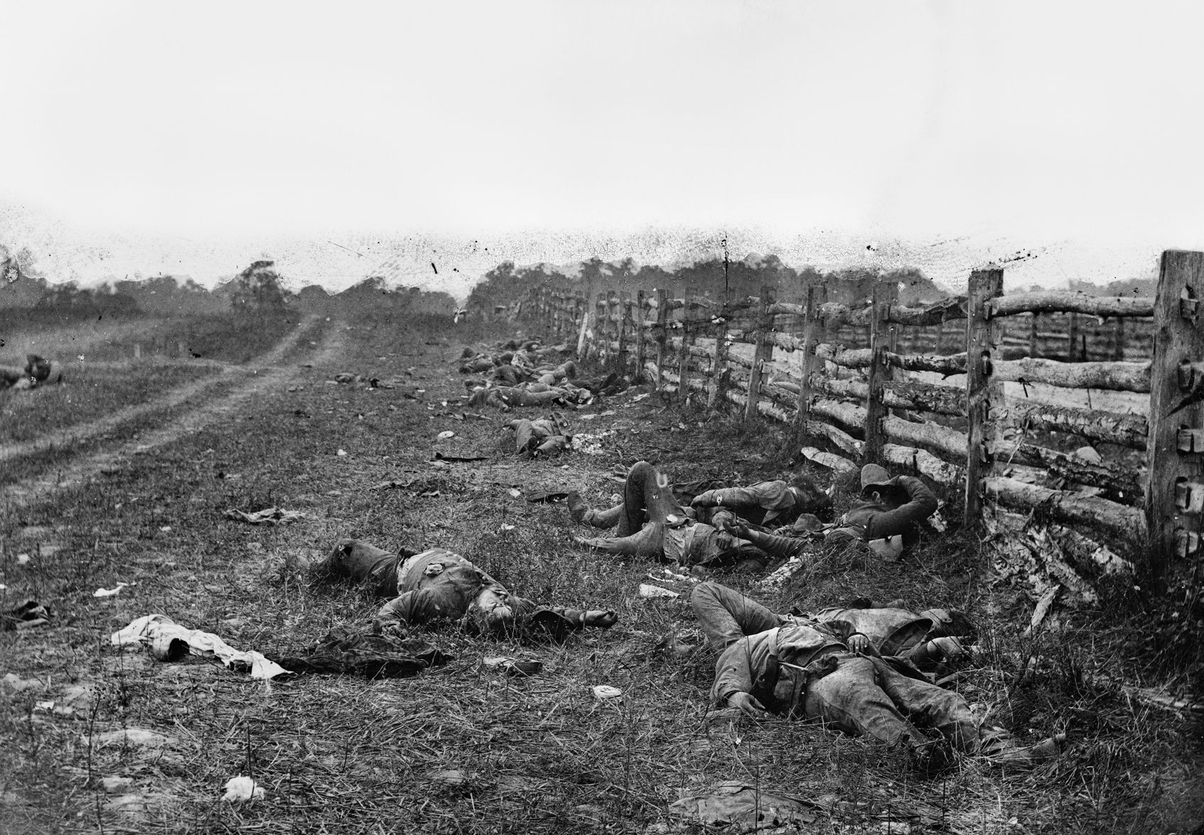 Dead Confederate soldiers from Brigadier General William E. Starke’s Louisiana Brigade lie crumpled on the Hagerstown Turnpike north of the Dunker Church.