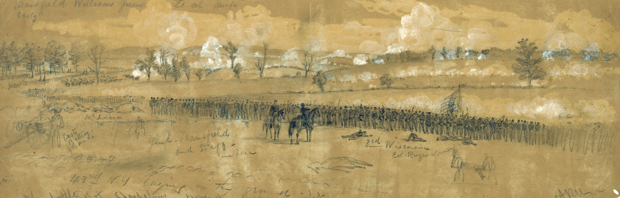 Major General Joseph K.F. Mansfield’s XII Corps exchanges fire with Confederates at 8 a.m. in this battlefield sketch by Alfred Waud. Mansfield is shown on horseback in the background, but in reality he had already been mortally wounded and carried off the field.