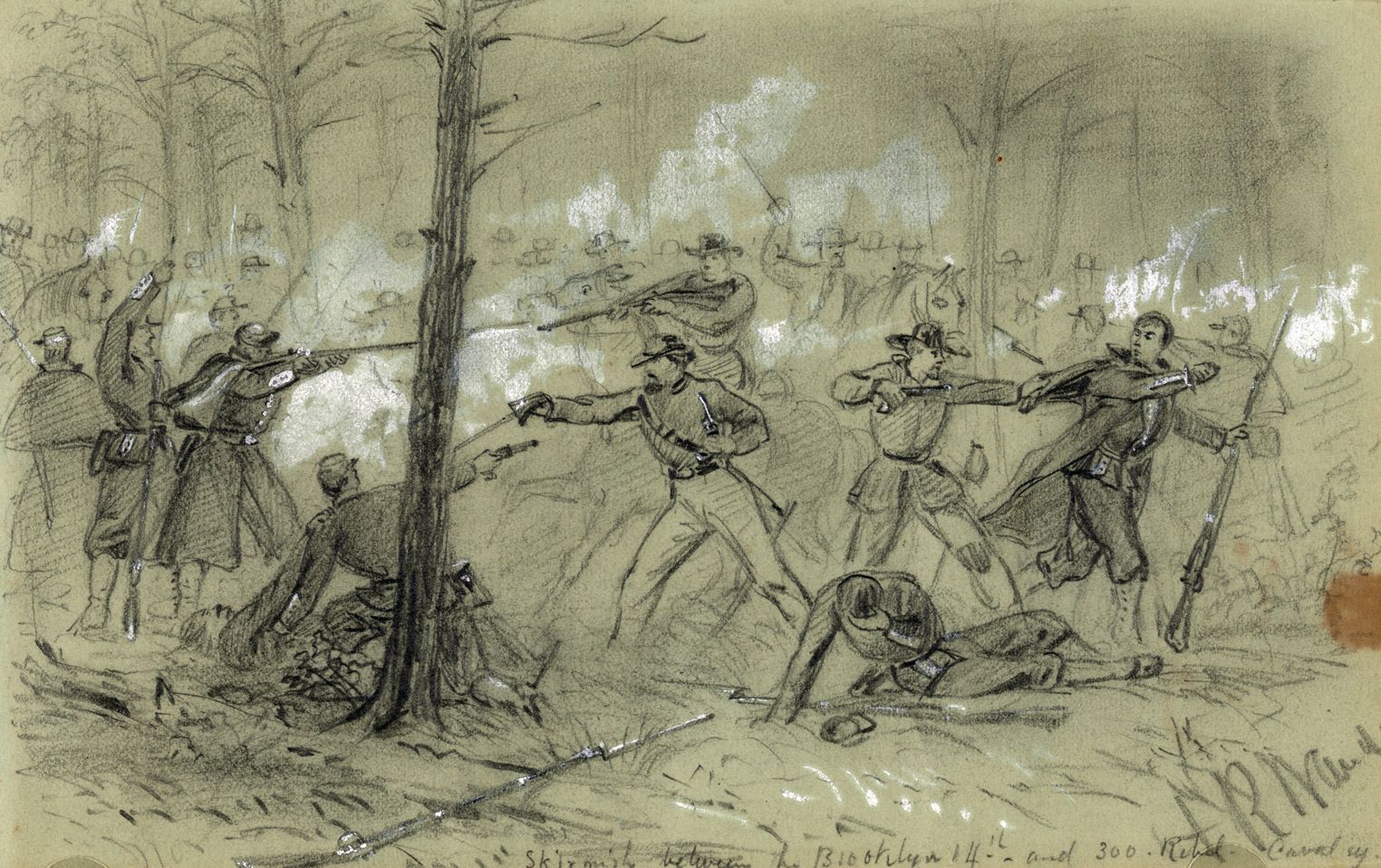 Special Artist Alfred Waud’s sketch captures the 14th Brooklyn Regiment engaging Confederates in hand-to-hand fighting around the Dunker Church, where the combat ebbed and flowed all morning.