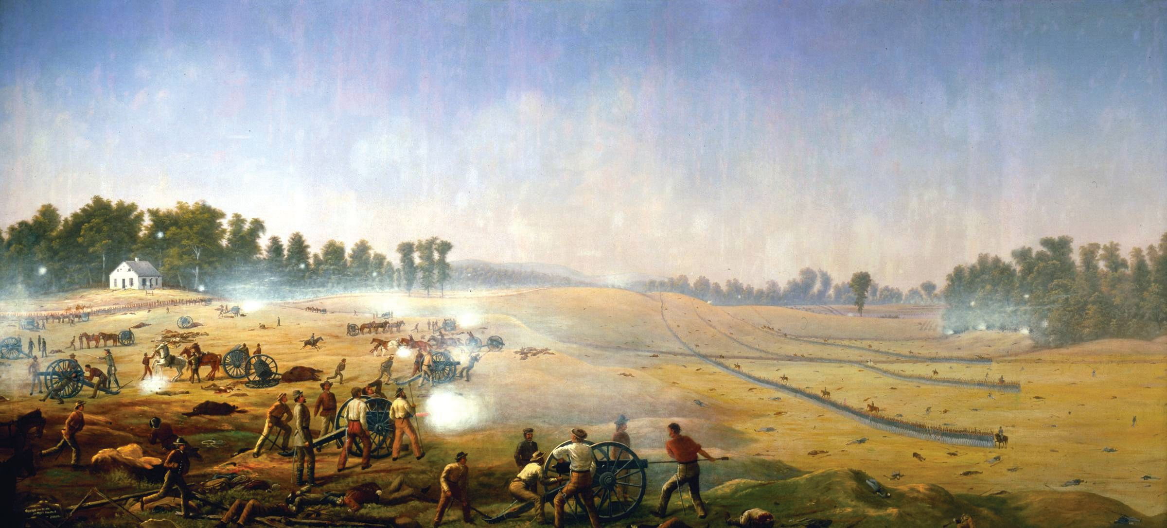 Colonel Stephen D. Lee’s Confederate artillery firing on Union forces on the morning of the battle. The Dunker Church is in the background, with Maj. Gen. John Sedgwick’s division advancing on the right. Painting by Vermont Capt. James Hope, who was there that day.