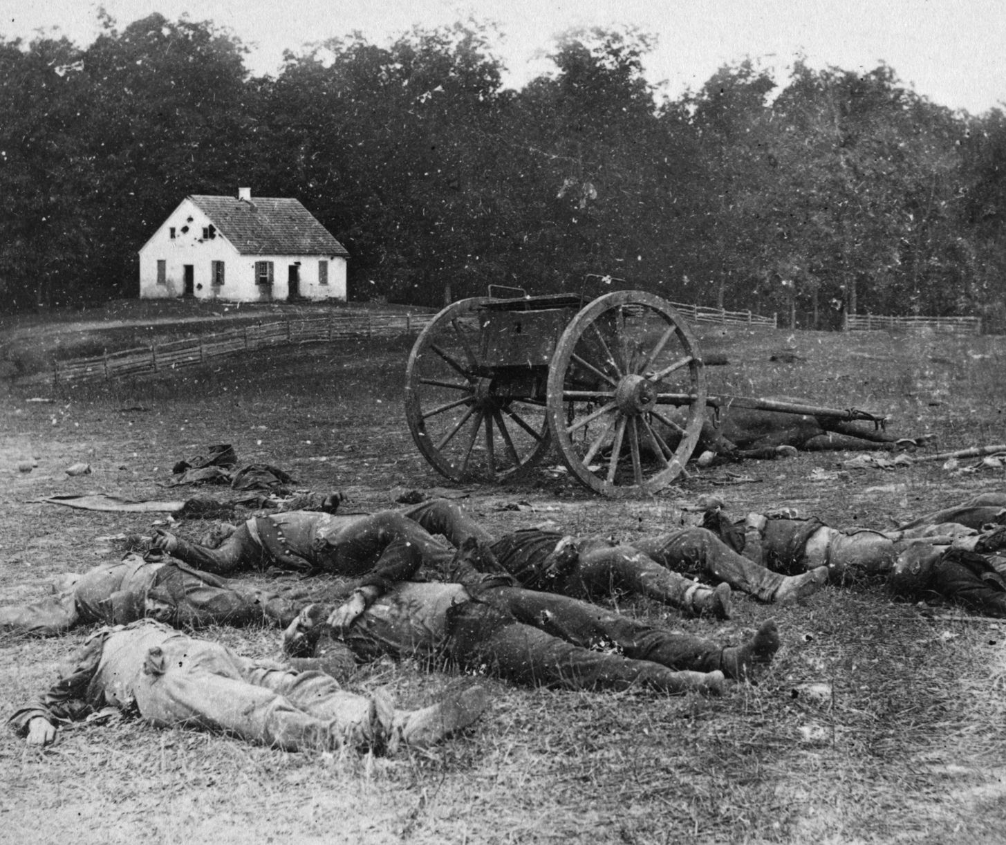 Slain Union infantry and Confederate artillerymen lie together on the field in front of Dunker Church. It would be the bloodiest single day in American history, with nearly 23,000 killed, wounded, missing or captured.