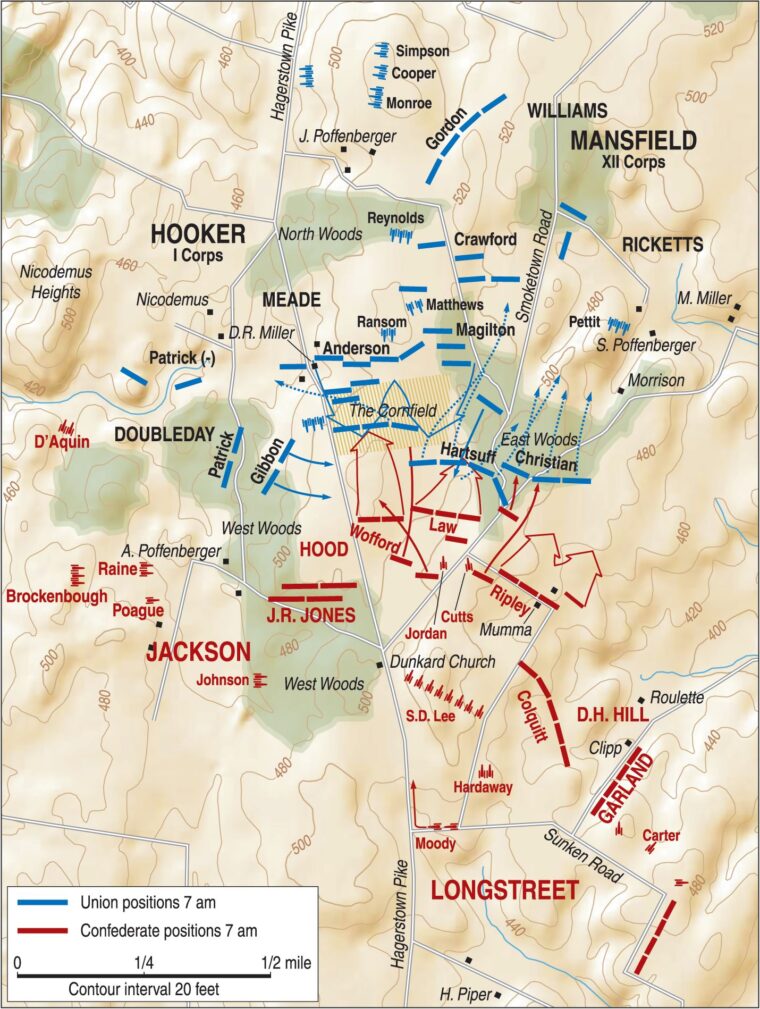 A large cornfield in the center of the battlefield proved to be the focus of the early-morning fighting at Antietam. Confederate Brigadier General John Bell Hood typically struck hard.
