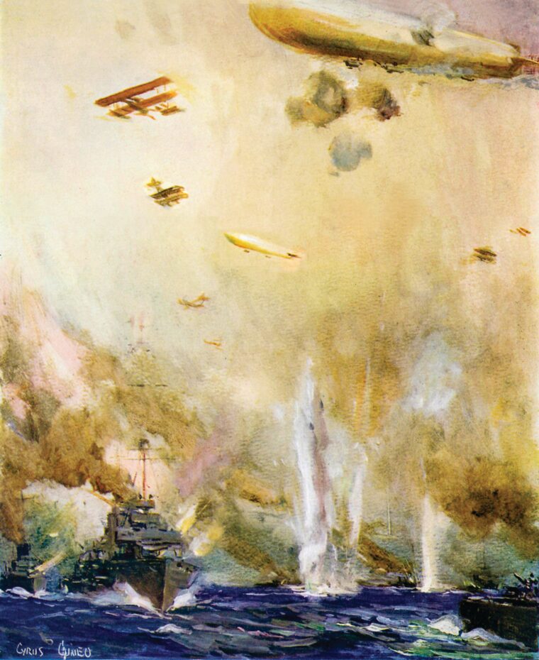 On Christmas Day, 1914, three channel ferries converted to Royal Navy seaplane carriers steamed into Heligoland Bight and launched the first bombing raid by ship-borne aircraft against the zeppelin sheds at Cuxhaven, Germany. This painting depicts the first air-to-ship combat as German aircraft and zeppelins drop bombs on British ships in response.