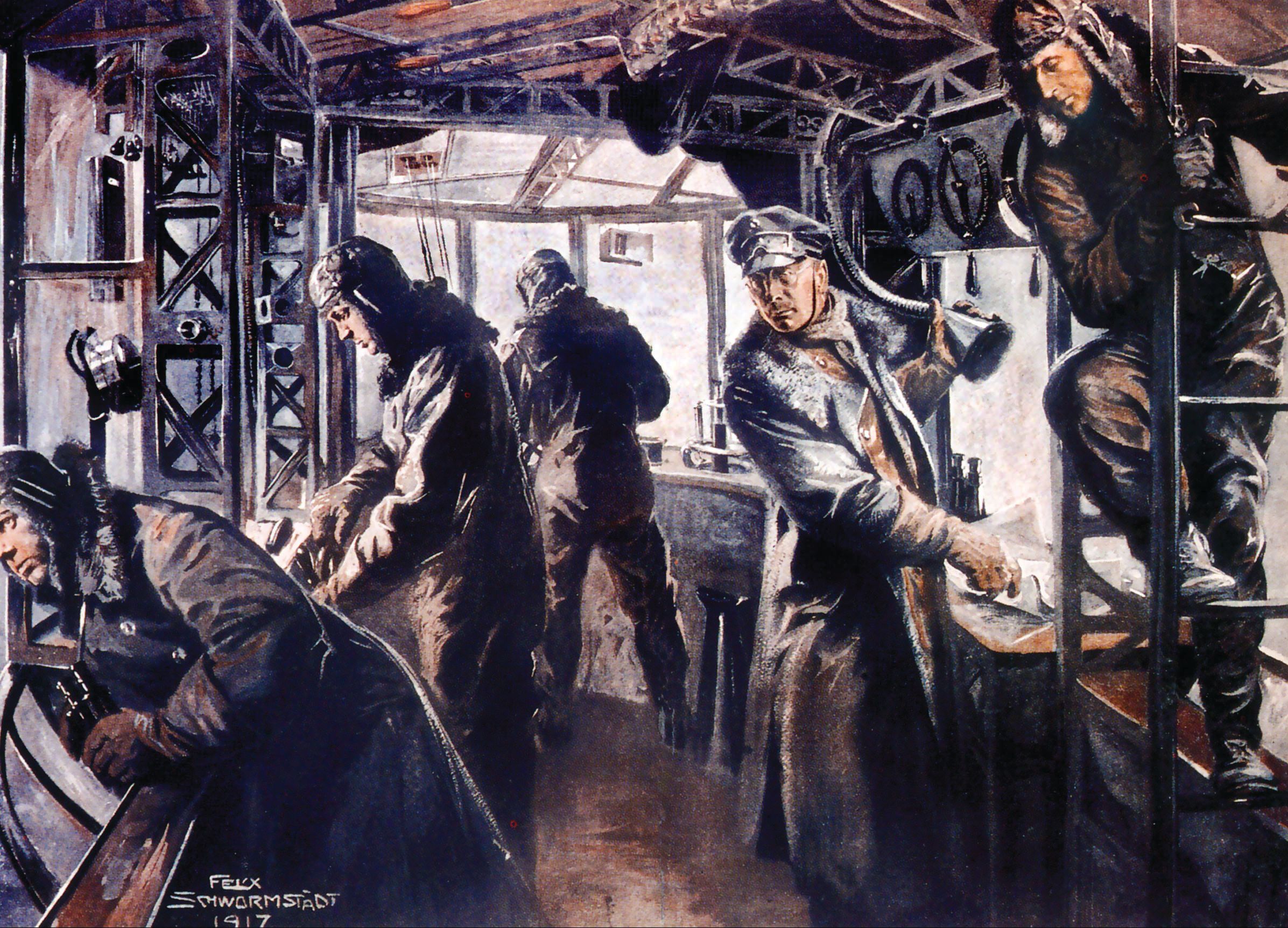 This German illustration shows a Zeppelin crew at the controls during an air attack. Both the German Army and Navy operated airships independently during World War I and, though bombing attacks met limited success, they did demonstrate the potential of airships for strategic attacks against cities, foreshadowing the terror tactics of mass bombings of civilian populations to come during World War II. 
