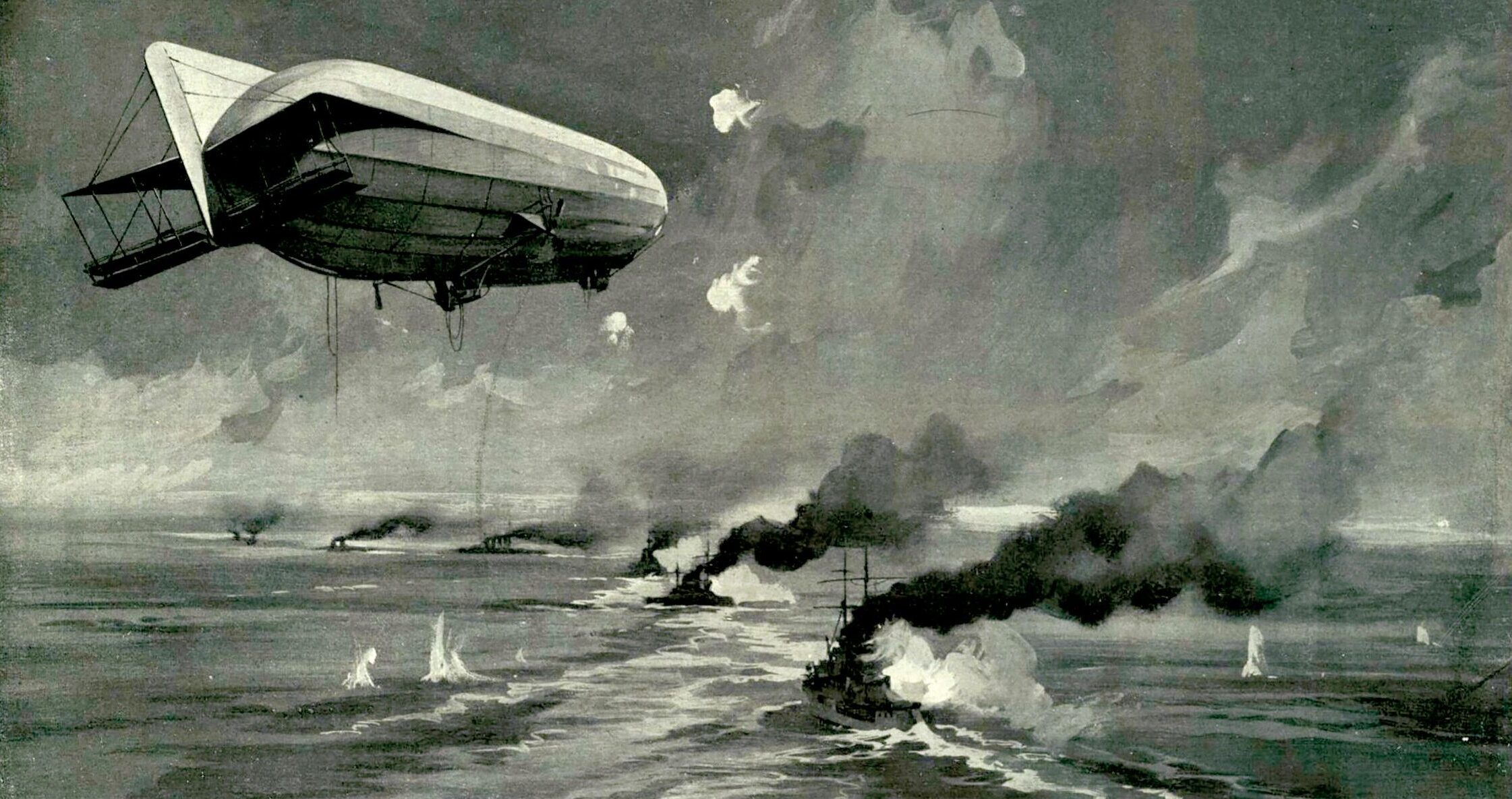 This Italian illustration depicts Zeppelin LZ 6 (Z.III) and other aircraft bombing the Royal Navy Fleet as it waits for the seaplanes to return from their (unsuccessful) raid on the Zeppelin hangars near Cuxhaven, Germany, on Christmas Day 1914. One of the earliest air-to-ship encounters, the attack was unsuccessful as all bombs missed their targets. The LZ 6 was hit by some 600 machine-gun rounds, but managed to return to base.