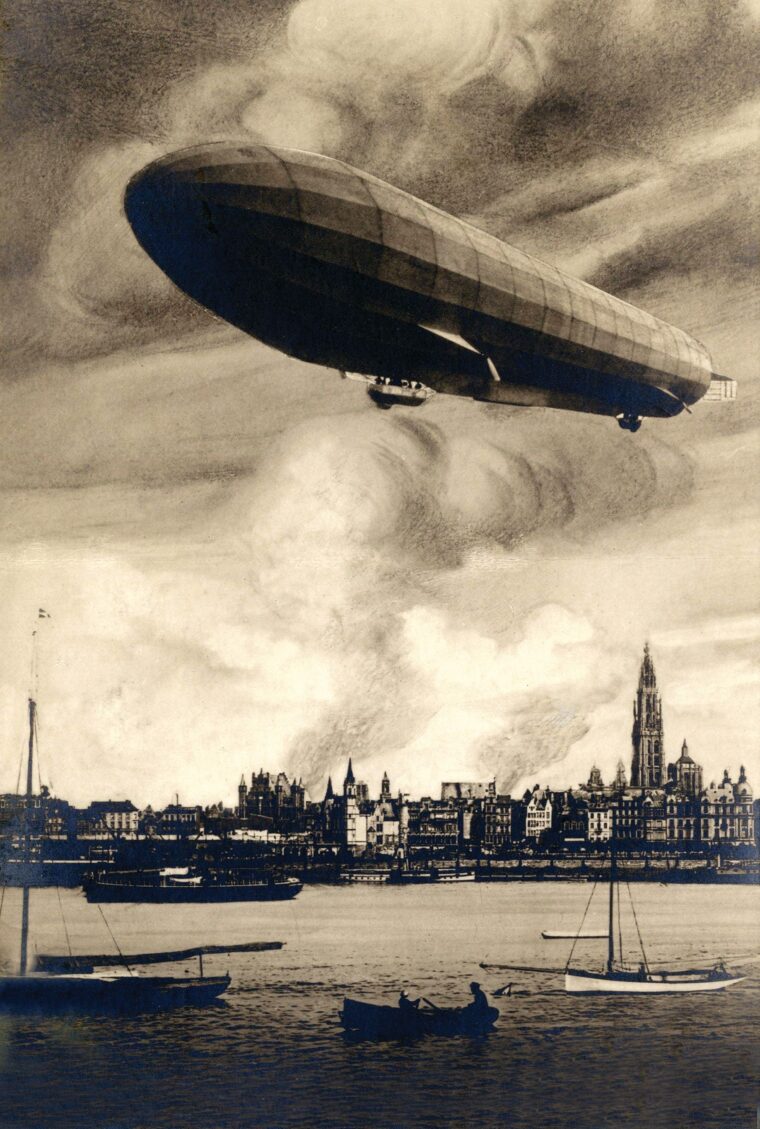 An artist’s rendition of the bombing of Antwerp, Belgium, on the night of August 24-25, 1914, by Zeppelin Z.IX (LZ 25). In the first aerial attack of the war, nine bombs killed five civilians, wrecked houses and damaged King Albert’s palace. In October, then-Royal Naval Air Service Flight Lieutenant Reginald Marix destroyed Z.IX in its hangar at Düsseldorf with bombs dropped from his Sopwith Tabloid. 