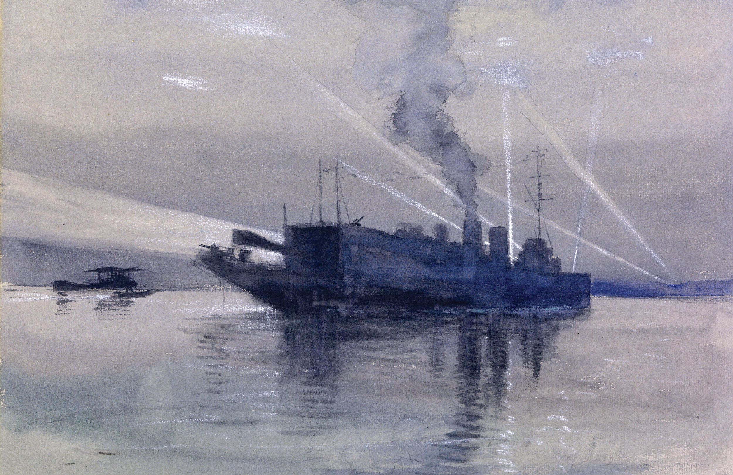 An artist’s depiction of  the HMS Riviera, one of three cross-channel steamers (Engadine and Empress) outfitted with canvas hangars to house three seaplanes each for the 1914 raid on the Zeppelin base near Cuxhaven, Germany. Derricks were used to lower the floatplanes into the water for takeoff, then to hoist them back aboard after landing nearby.