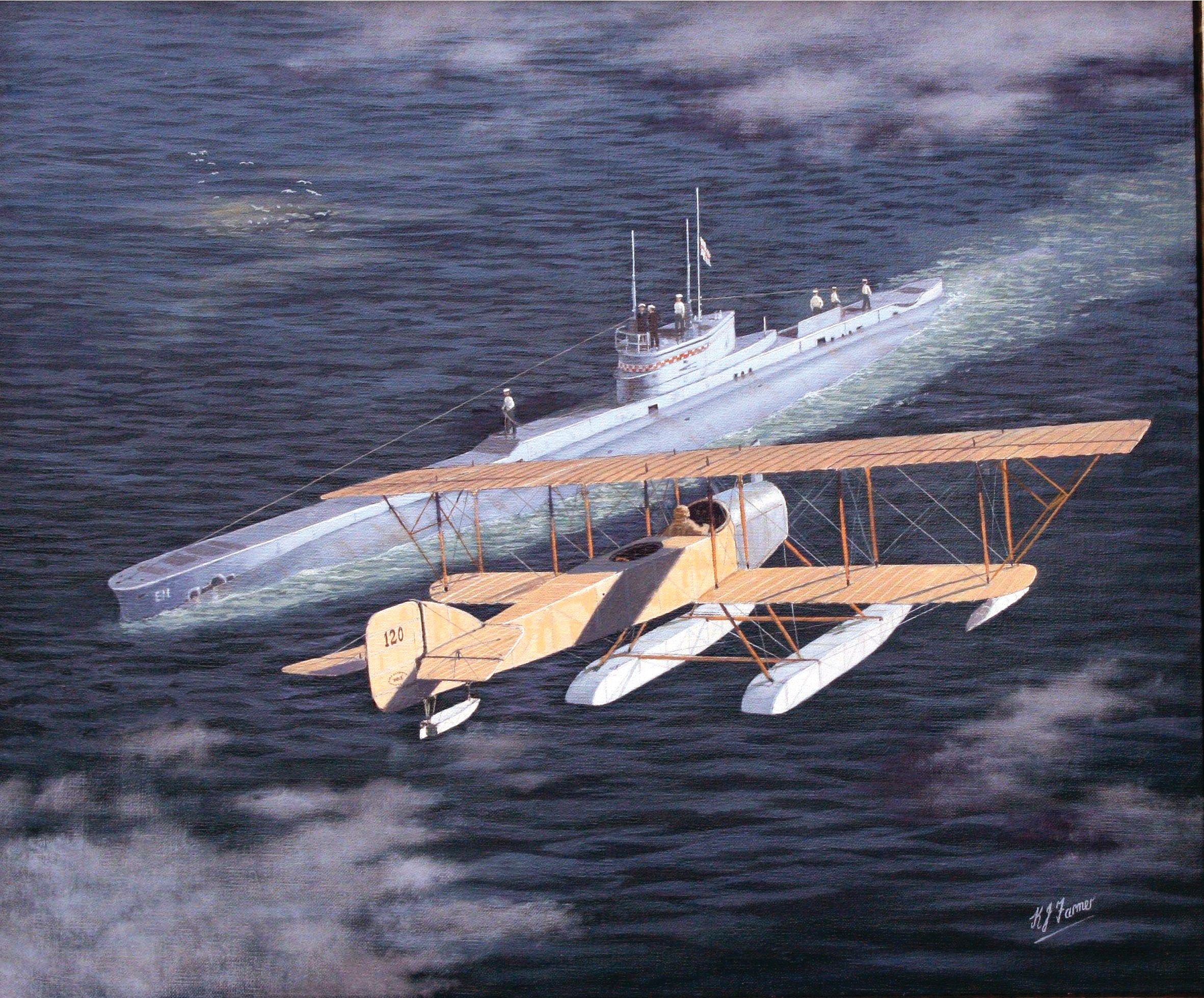 Painting of what is most likely a Short Admiralty Type 74/Type 81 Folder rendezvousing with the Royal Navy submarine E11, which has a band of red and white checkerboarding around its conning tower to make it identifiable to the seaplane pilots. 