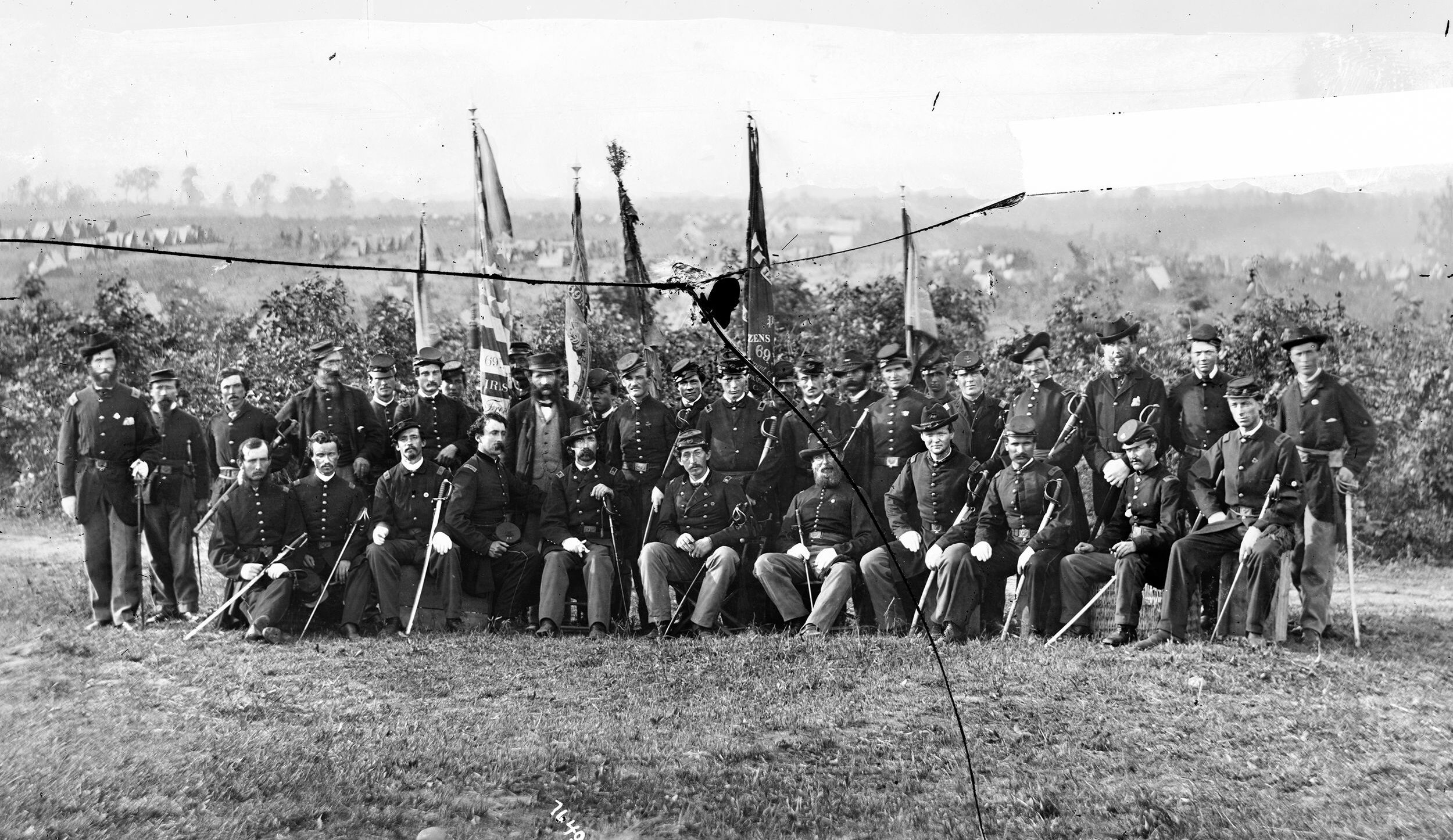 Lieutenant Colonel James J. Smith and officers of the Irish Brigade’s 69th New York Infantry. According to Smith’s official report for the Battle of Gettysburg, the 69th “entered the field with officers and 69 enlisted men, and that we lost during the action 5 men killed, 1 officer and 13 men wounded, and 6 men missing.” Down to roughly 530 men by the time they reached Gettysburg, the Irish Brigade would suffer 200 casualties in the Wheatfield on July 2, 1863.