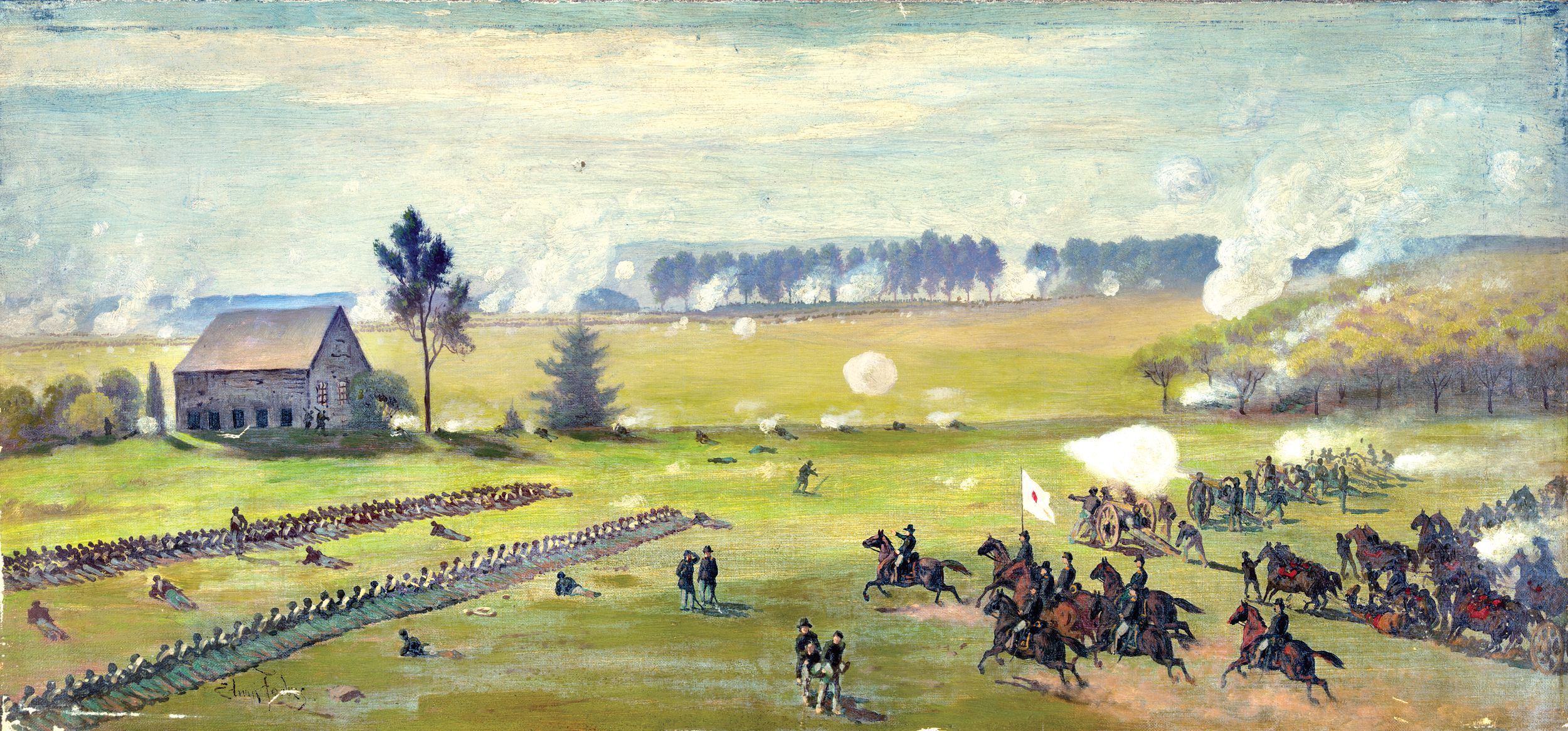 Major General Daniel E. Sickles rides near the Peach Orchard to inspect the lines of his III Corps, whom he has ordered to move in an unauthorized advance toward the Emmitsburg Road. As Confederate Lt. Gen. James Longstreet launches an attack, Sickles rides onto a knoll for a better view and is hit in the right leg by a 12-lb. solid shot. The amputated leg is on display at the National Museum of Health and Medicine (formerly the Army Medical Museum) in Silver Spring, Maryland.
