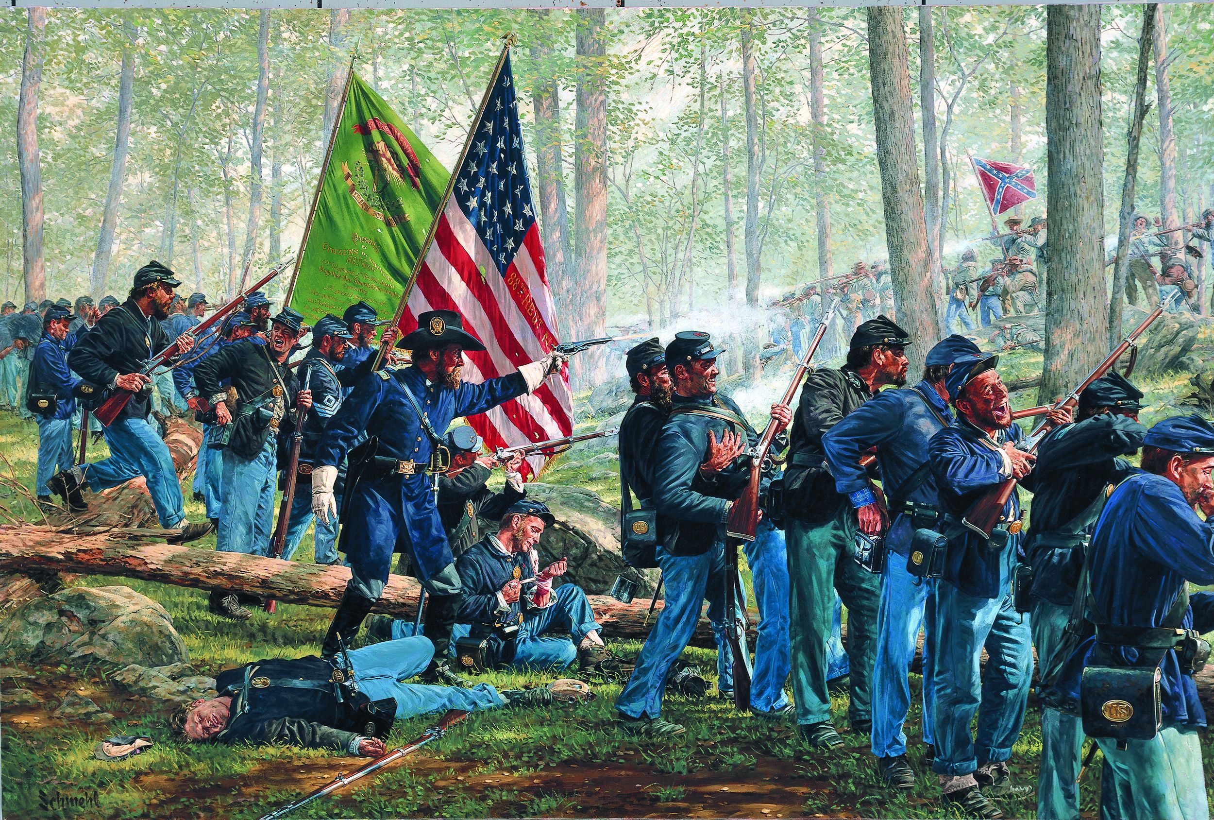 Bradley Schmehl’s painting, Fierce When Provoked, portrays the Irish Brigade battling Confederates at the “Stony Hill” near the Wheat Field at the Battle of Gettysburg. 