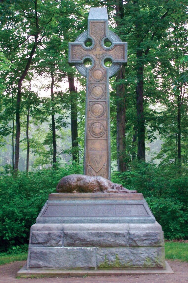 Sculpted by former Confederate soldier William R. O’Donovan, the bronze Celtic cross monument honoring the Irish Brigade’s 63rd, 69th, and 88th New York Volunteer Infantry regiments was dedicated on July 2, 1888. At the base of the cross a life-size Irish Wolfhound, symbolizing honor and fidelity, mourns their loss.