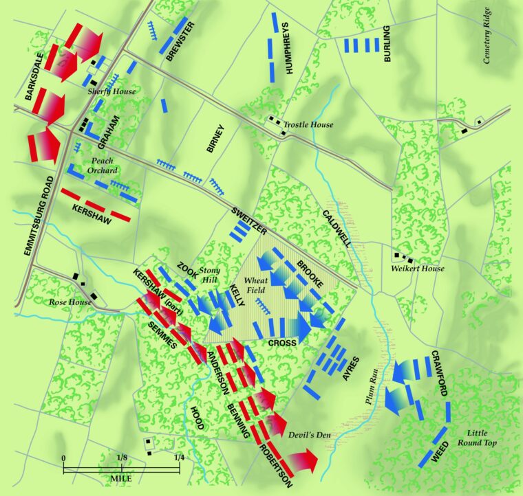 The map shows movements into and around the Wheatfield, where the already greatly diminished Irish Brigade—shown advancing up the “Stony Hill”—would suffer roughly 40-percent casualties.