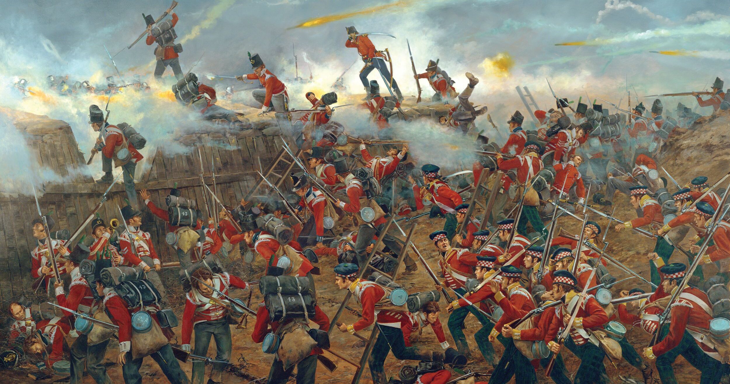 Don Troiani’s painting, Jackson’s Flank Attack, depicts the assault on Gen. Andrew Jackson’s right flank on the Levee Redoubt by British Light Infantry companies, including the 7th (Royal Fusiliers), 93rd Sutherland Highlanders, and 43rd Light Infantry. The redoubt was defended by a company of the 7th U.S. Infantry and a detachment of the 44th U.S. Infantry, manning two guns.