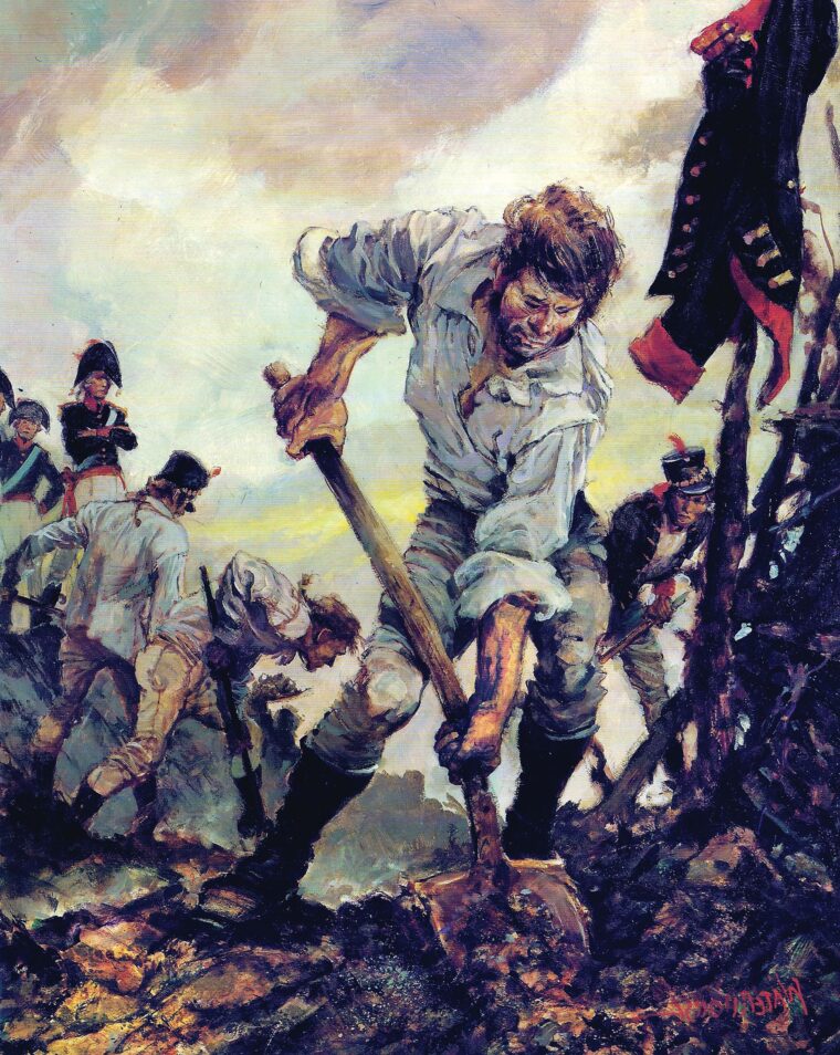 This painting, Christmas Day 1814, by Colonel Charles H. Waterhouse, USMCR, shows Marines fortifying a defensive position along the Rodriguez Canal, south of New Orleans during the War of 1812. An unsuccessful British attack on the line led Gen. Andrew Jackson to have redoubts constructed for his artillery, which proved to be the deciding factor in the battle. 