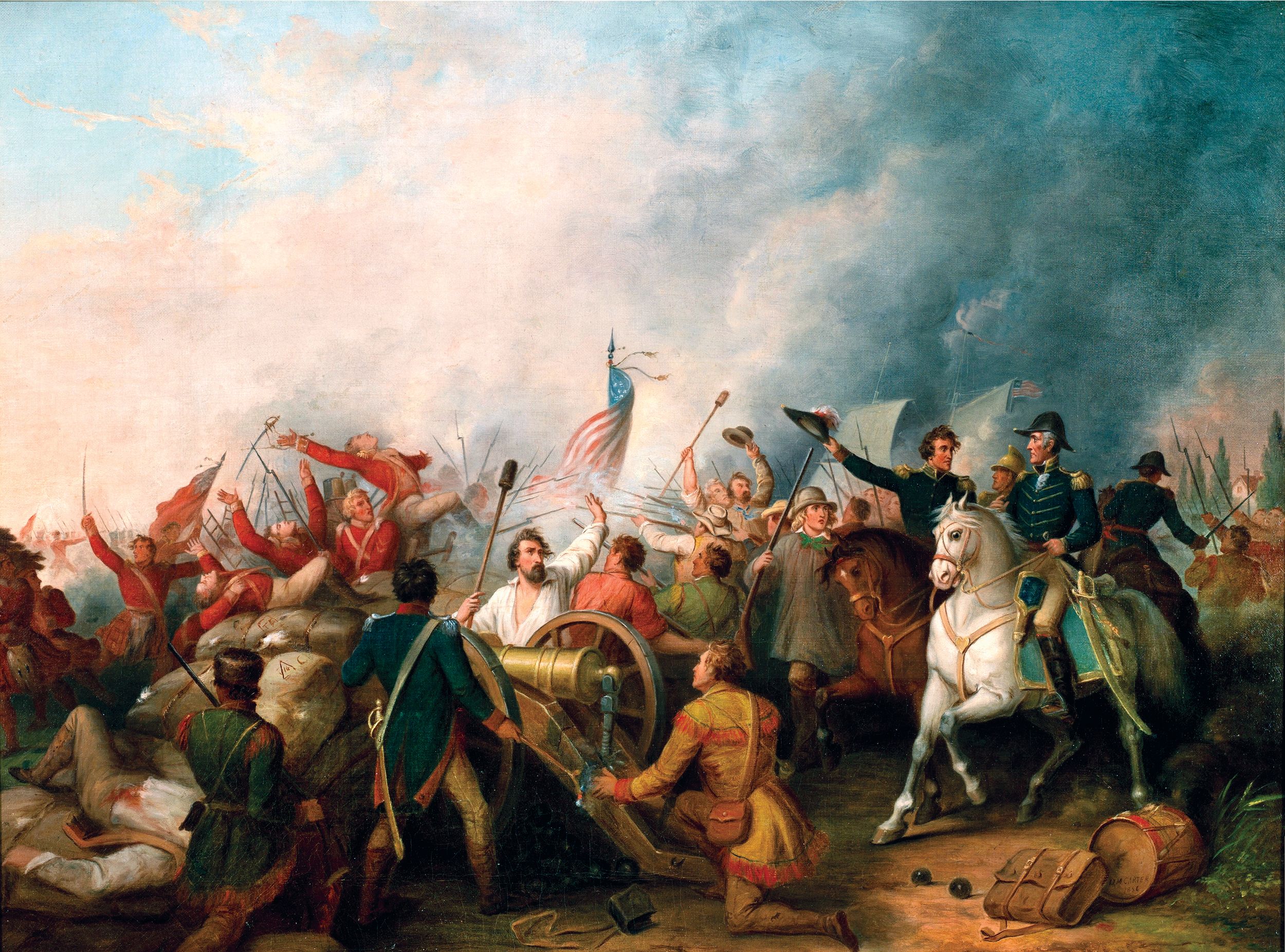 This c.1890 illustration, General Jackson’s victory at New Orleans, shows one of the key factors in the American victory on January 8, 1815—a line of artillery with some heavy guns along the Rodriguez Canal that included at least one 32-pounder naval cannon. These were crewed by a mix American soldiers, sailors, and “Baratarians,” Jean Lafitte’s privateers and smugglers based in the bayous of Louisiana.