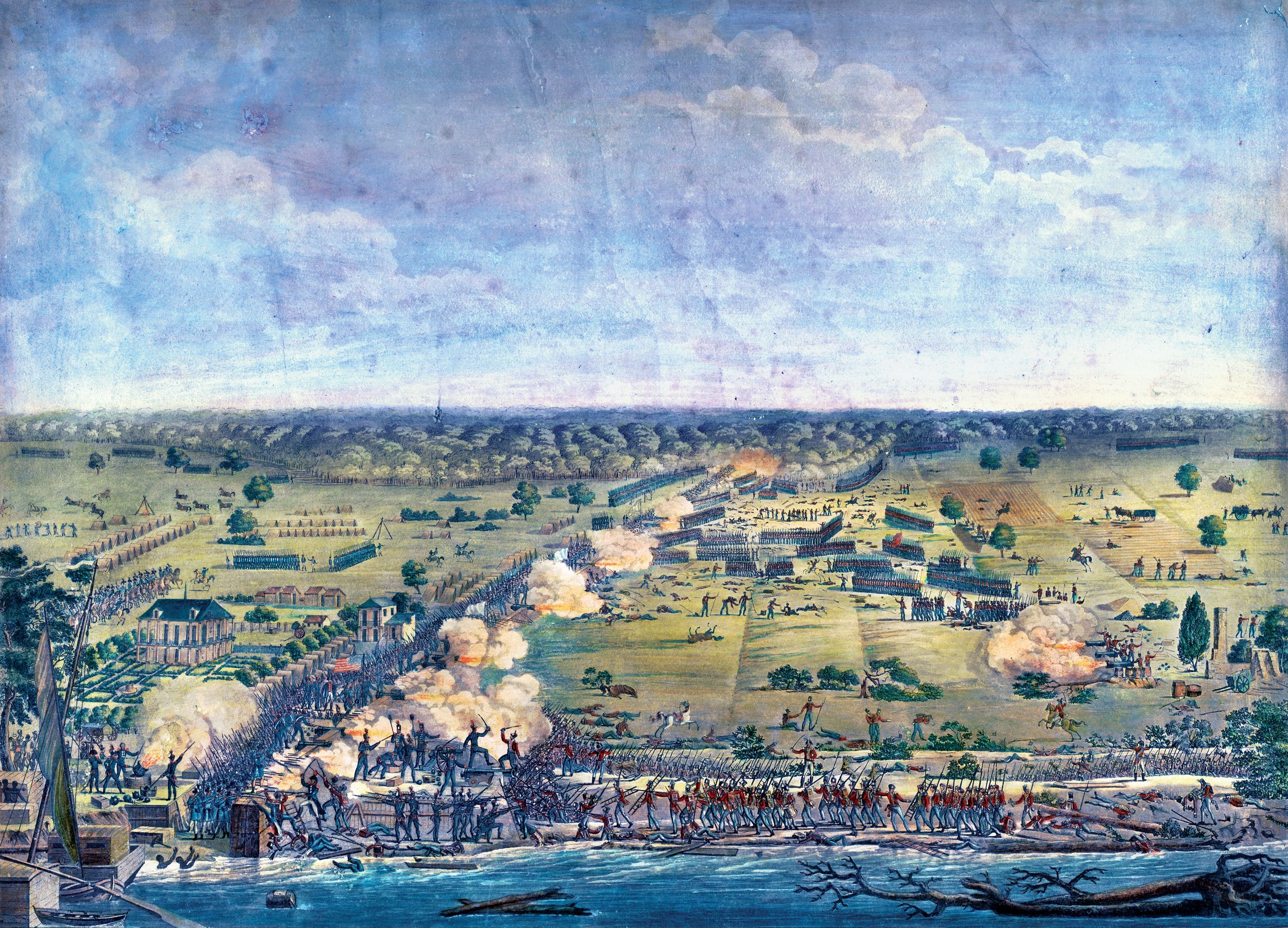 An architect and artist living in New Orleans as the war closed in on the city, Jean-Hyacinthe Laclotte volunteered as an engineer in the First Louisiana Militia, where he was able to sketch the battle as it happened, later painting what is considered the most accurate depiction of the conflict. This engraving based on Laclotte’s work, by Philibert-Louis Debucourt, was on sale by 1817. In the lower foreground, British troops move along the river, attacking, and briefly holding, the American redoubt. In the distance, Maj. Gen. Samuel Gibbs’ British force attacks by the swamp but without the scaling ladders they were supposed to carry forward. 
