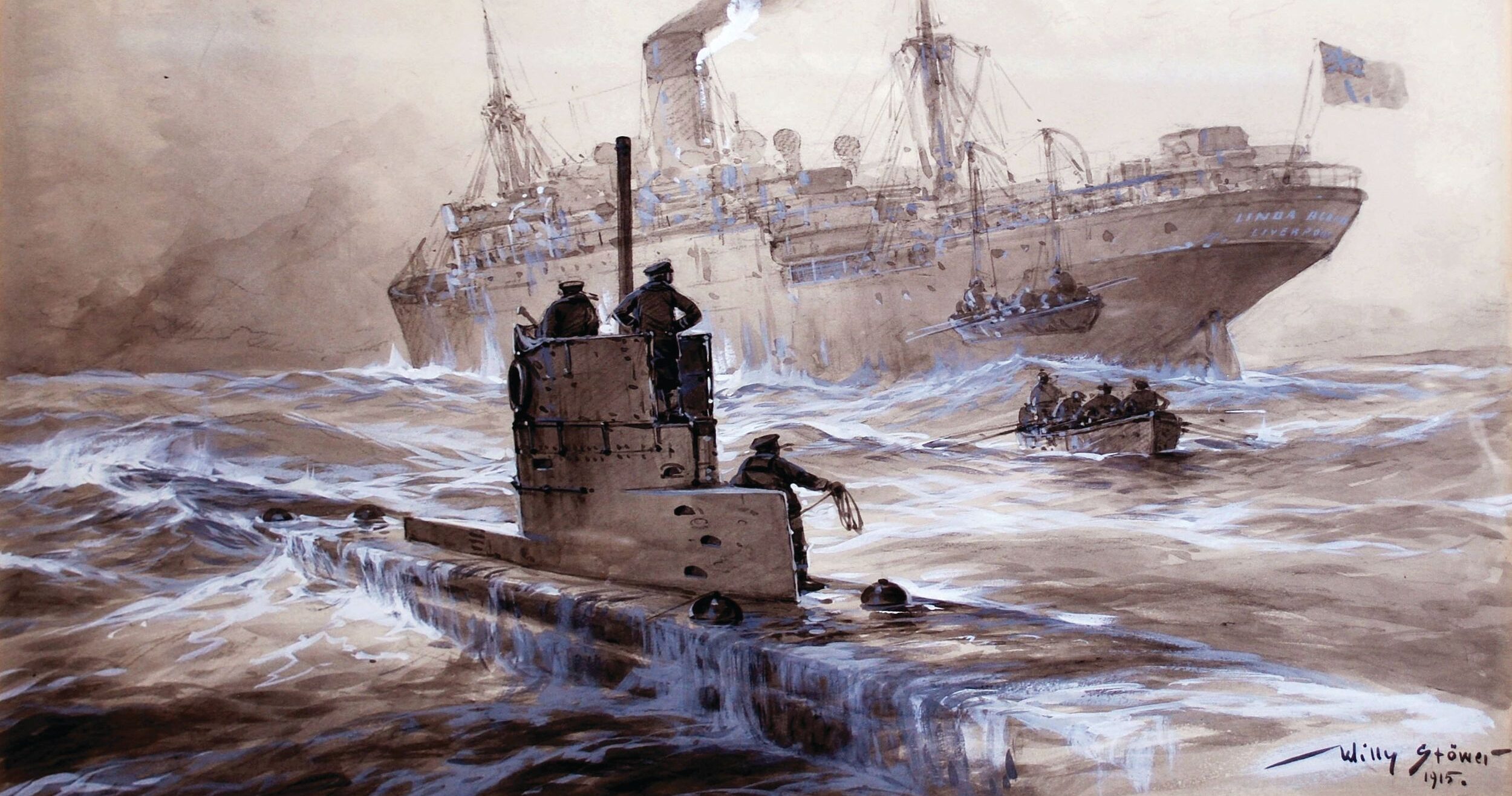 This painting by Willy Stöwer depicts the sinking of the Linda Blanche, one of three ships sunk in the Irish Sea on January 30, 1915, by U-21—commanded by Otto Hersing, the first man to sink a warship with a self-propelled torpedo. These raids on commercial shipping threatened to throttle the British war effort.