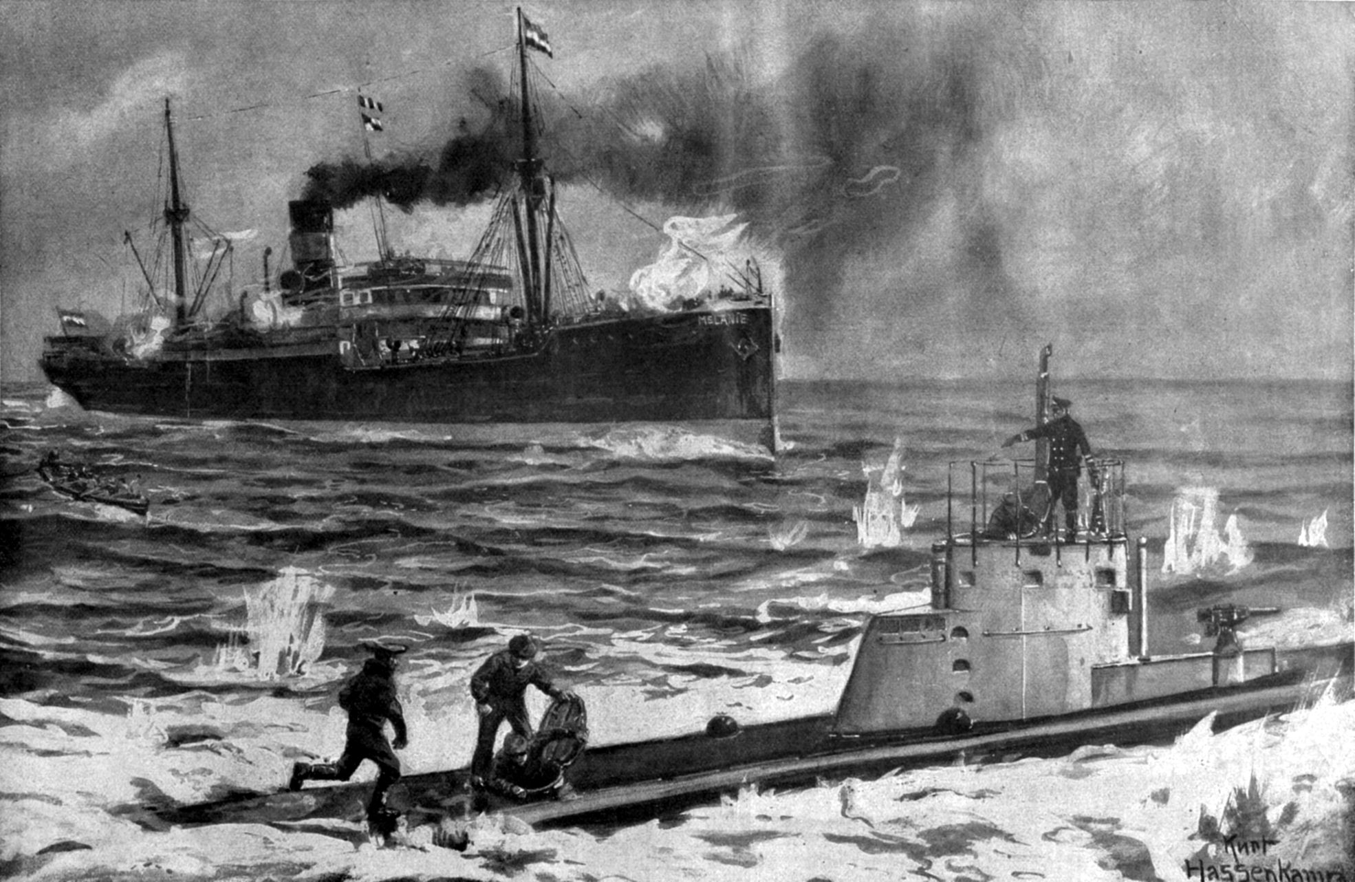 This illustration by Kurt Hassenkamp, published in the German series Der Krieg 1914/19 in Wort und Bild, depicts the encounter between the British steamer Melanie and a German submarine. For the Germans, such false-flag tactics from “Perfidious Albion”—a British vessel flying a neutral Dutch flag to get close enough to ram or fire upon a U-boat—justified the eventual move toward unrestricted submarine warfare.