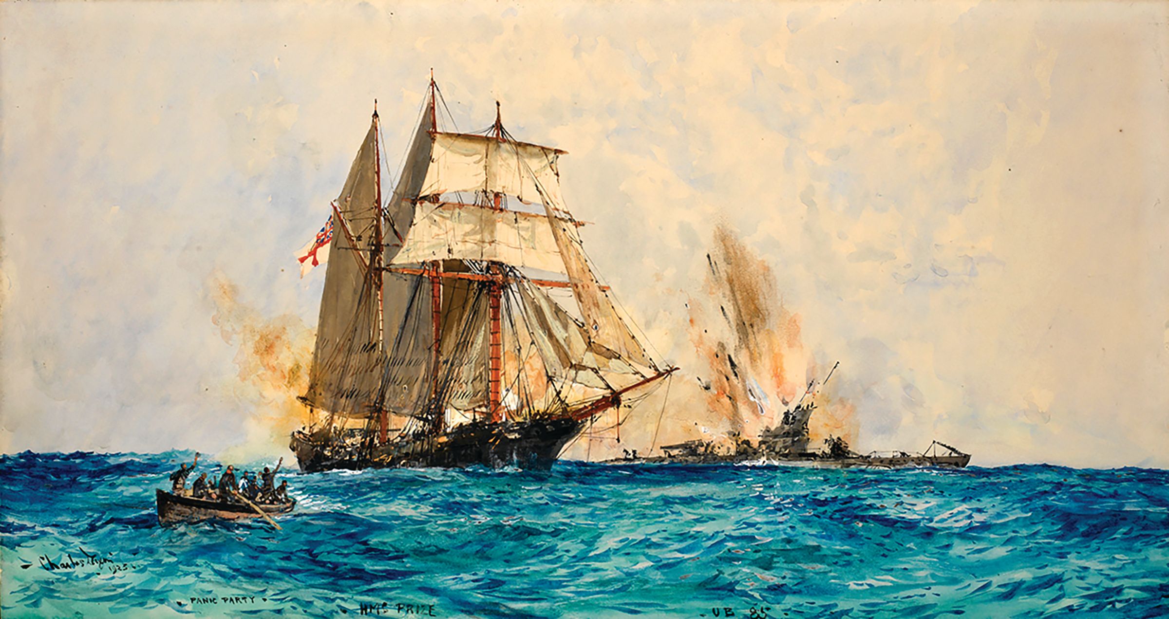 This watercolor by Charles Edward Dixon (1872-1934)—Q Boat, H.M. Topsail Schooner “Prize” sinking German Submarine U.B. 85. April 30—shows the three-masted Q-ship, originally a captured German vessel, luring the U-93 to the surface by posing as a helpless merchantman. Though battered by the sub’s deck gun, the crew dropped its disguise and returned fire—damaging U-93 enough to capture its commander and crew.