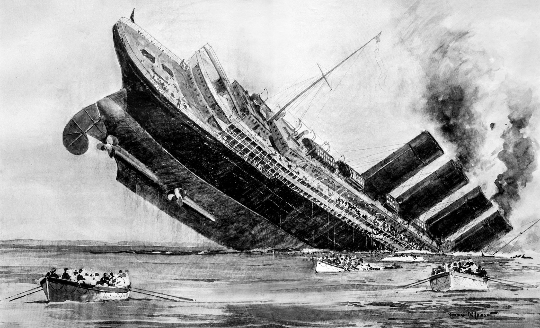 This engraving by Norman Wilkinson appeared in The Illustrated London News on May 15, 1915, only a week after the sinking of the Lusitania by Walther Schwieger’s U-20 —fueling the intense public outrage that swept through Britain and the United States. Struck off the Old Head of Kinsale, Ireland, the liner’s rapid sinking highlighted the brutal effectiveness of submarines and the birth of the “total war” mentality, forever blurring the lines between civilian commerce and military targets.
